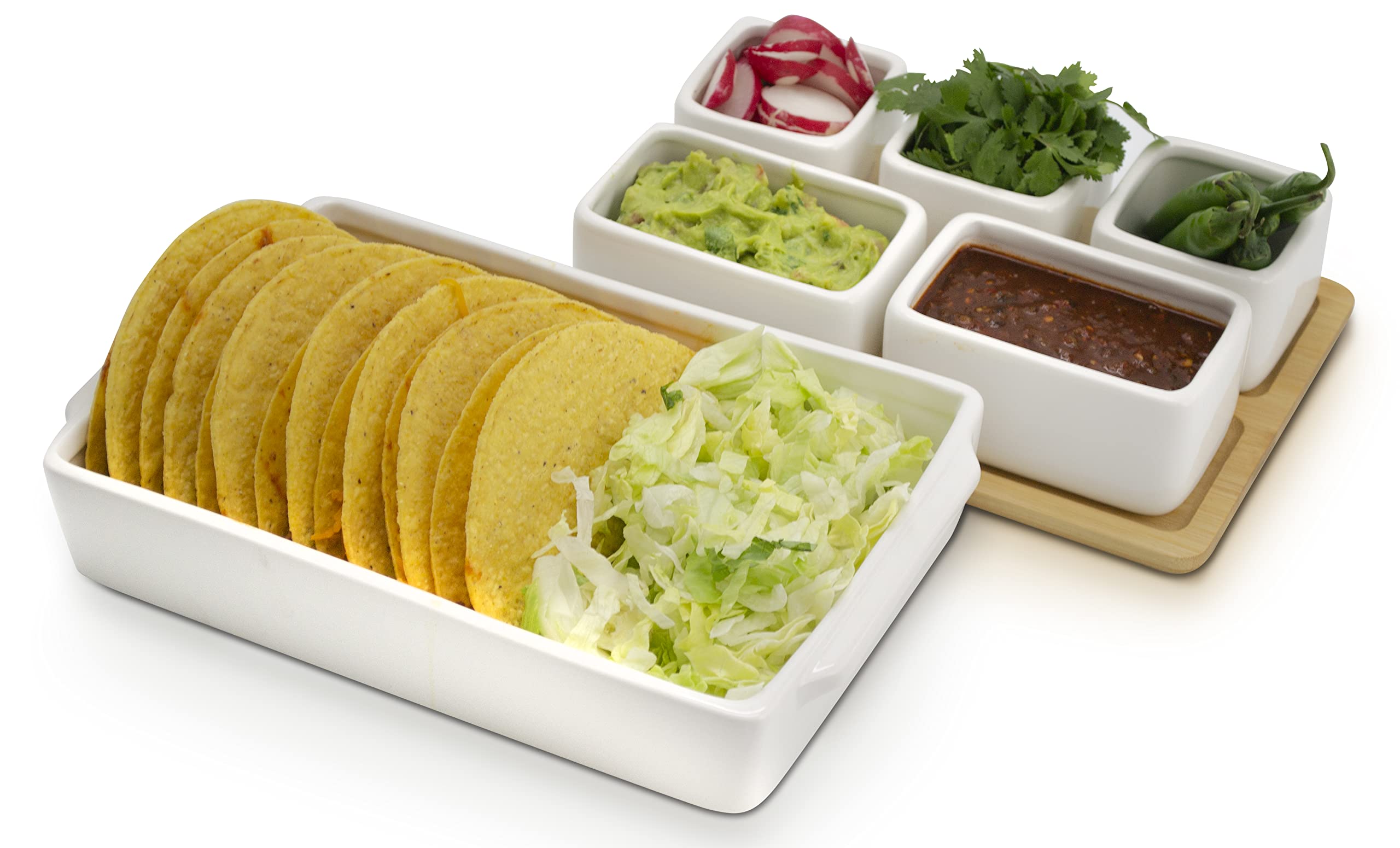 Eternal Living Appetizer Serving Tray Condiment Server With Bamboo Tray 7 Pieces Set, Ceramic