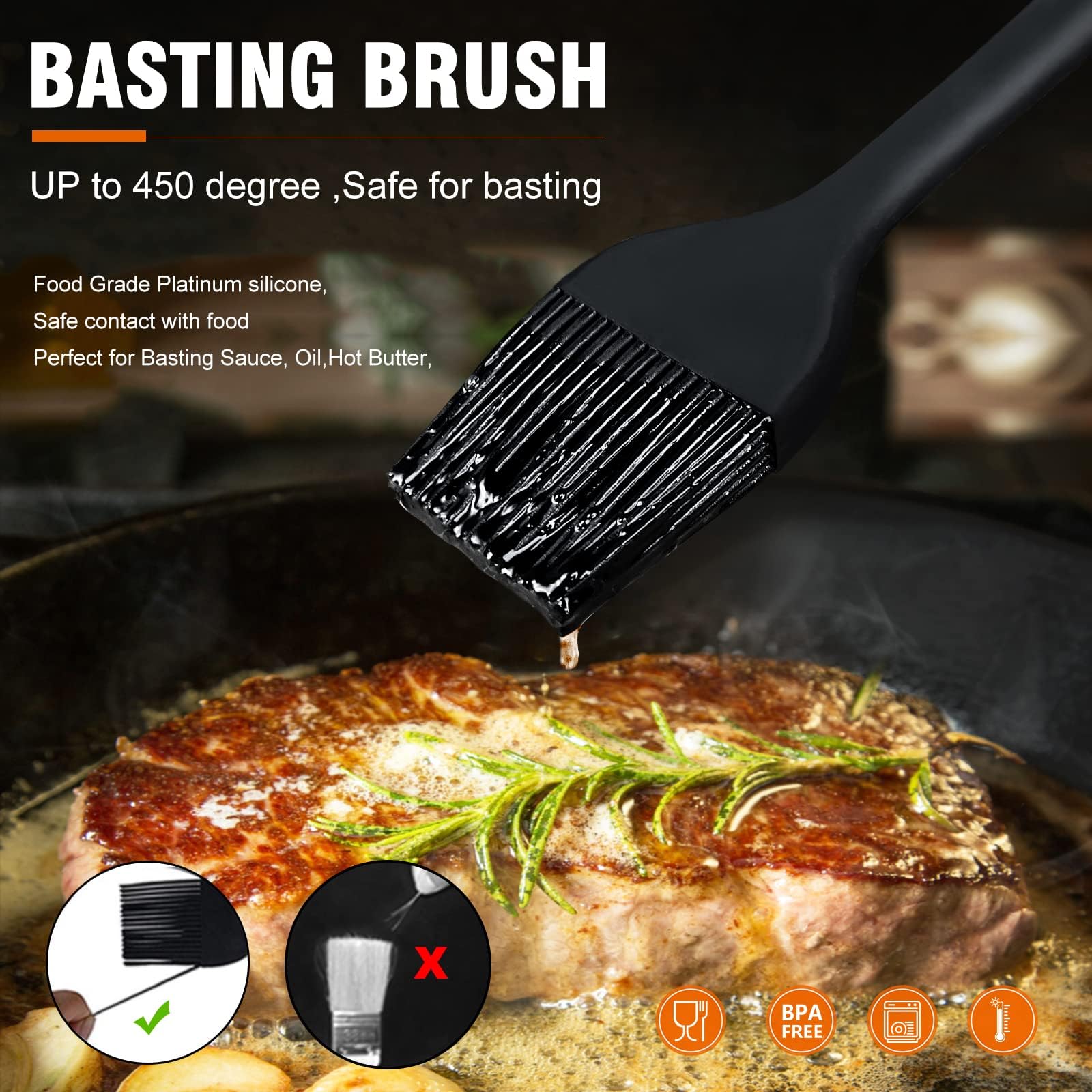 Walfos 3 Size Basting Brush  High Heat Resistant Silicone Pastry Brushes for Barbecue  Baking  Kitchen Cooking  Desserts- Strong Stainless Steel Core Technology