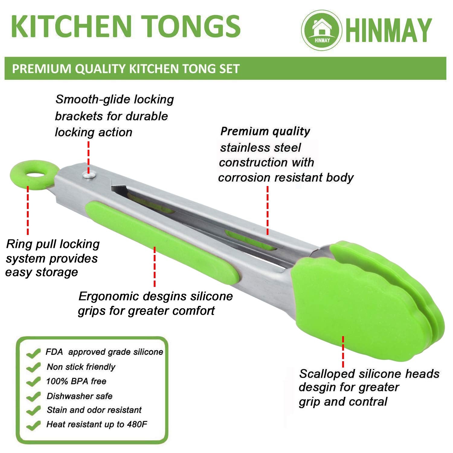 Hinmay Mini Tongs With Silicone Tips 7 Inch Small Cooking Tongs, Set Of 3 (Green)