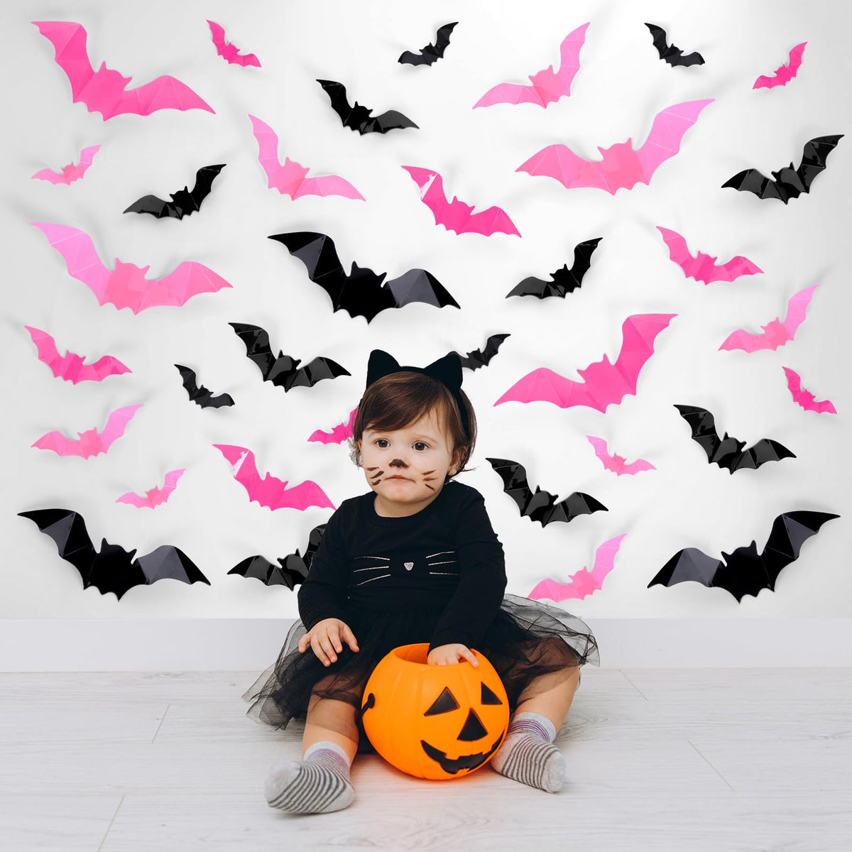 Whaline 112Pcs Halloween Wall Decoration 3D Bats With Foam Adhesive Black Pink Rose Red Waterproof Spooky Bats Stickers Hocus Po