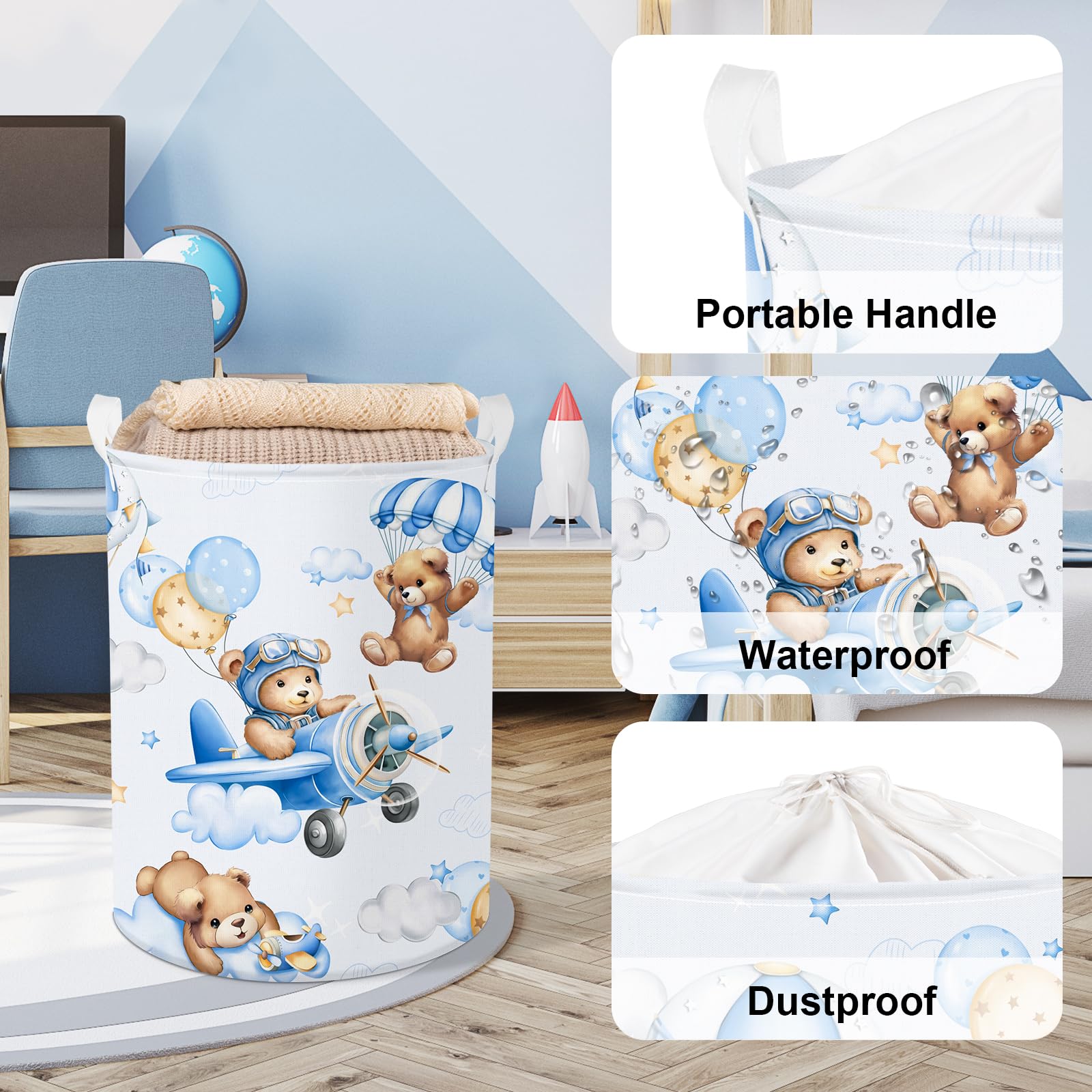 Clastyle 45L Large Blue Bear Pilot Kid Boy Girl Laundry Hamper With Handle Collapsible Balloon Clothes Toy Storage Basket With L