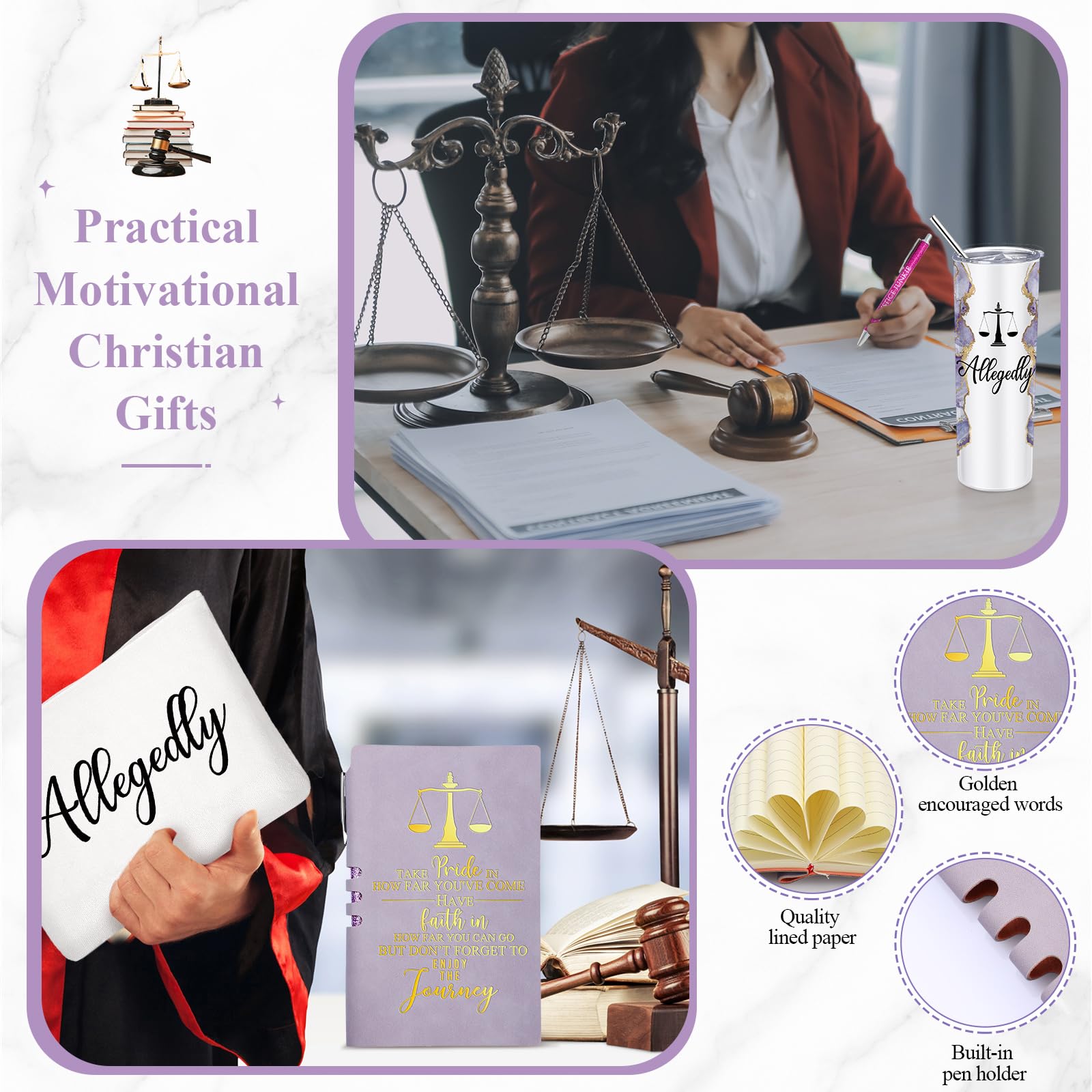 Domensi 6 Pcs Funny Allegedly Lawyer Gift Back To Law School Gift 20 Ounce Marble Sign Tumbler Makeup Bag Notepad Ballpoints Law