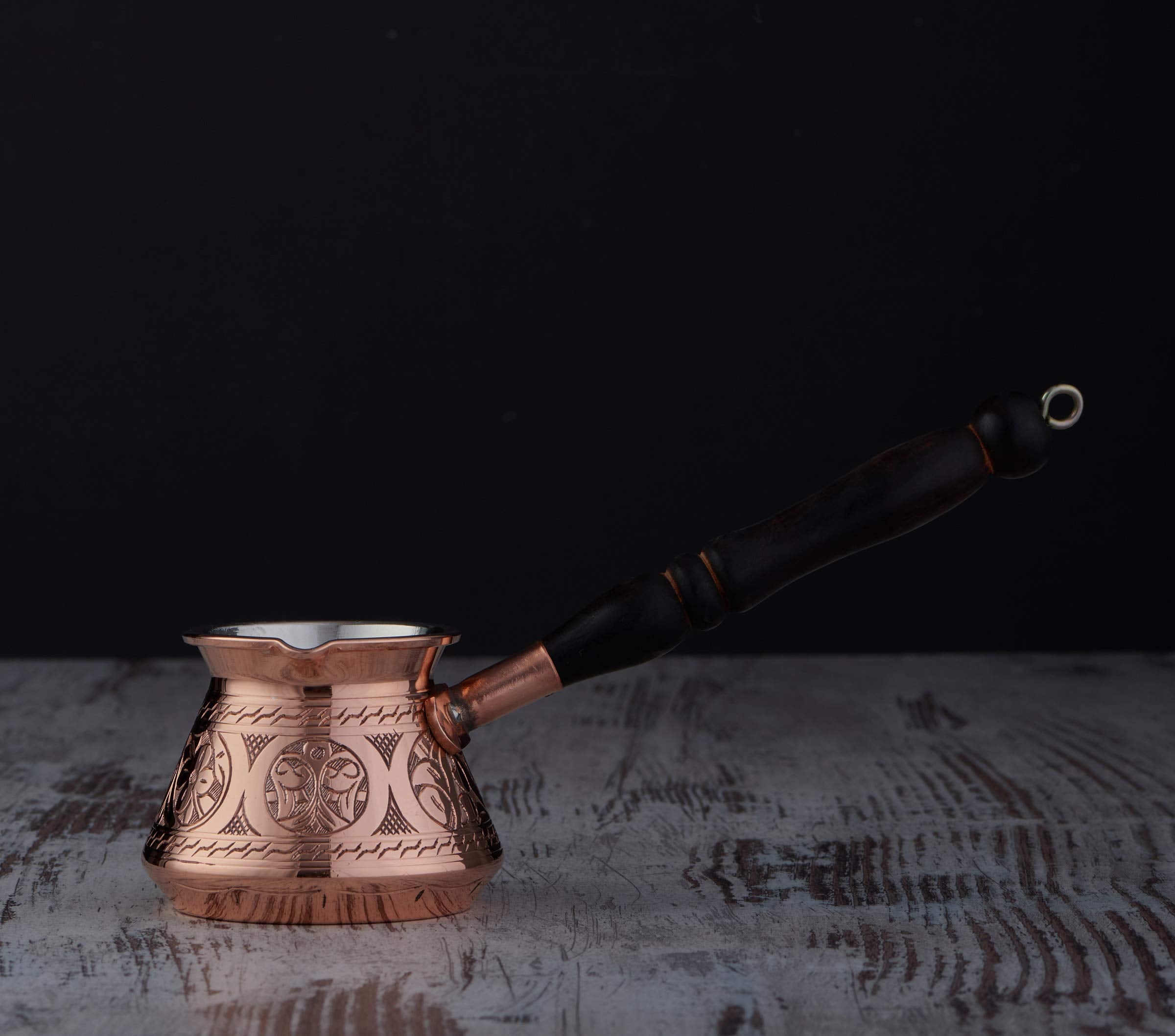 Demmex Thickest Copper Turkish Greek Arabic Coffee Pot, Stovetop Coffee Maker, Cezve Ibrik Briki With Wooden Handle & Wooden Spo