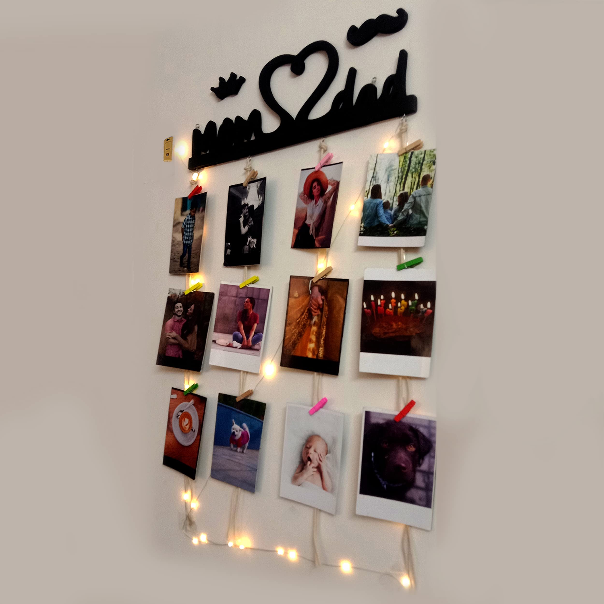 Vah Wooden Photo Frame With Led Light - Display Picture Collage Organizer With Clips (Mom And Dad With Light)