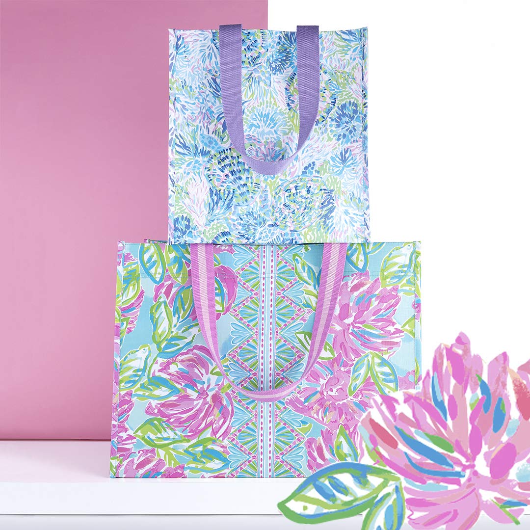 Lilly Pulitzer Purple/Blue Market Shopper Bag, Reusable Grocery Tote With Comfortable Shoulder Straps, Shell Of A Party