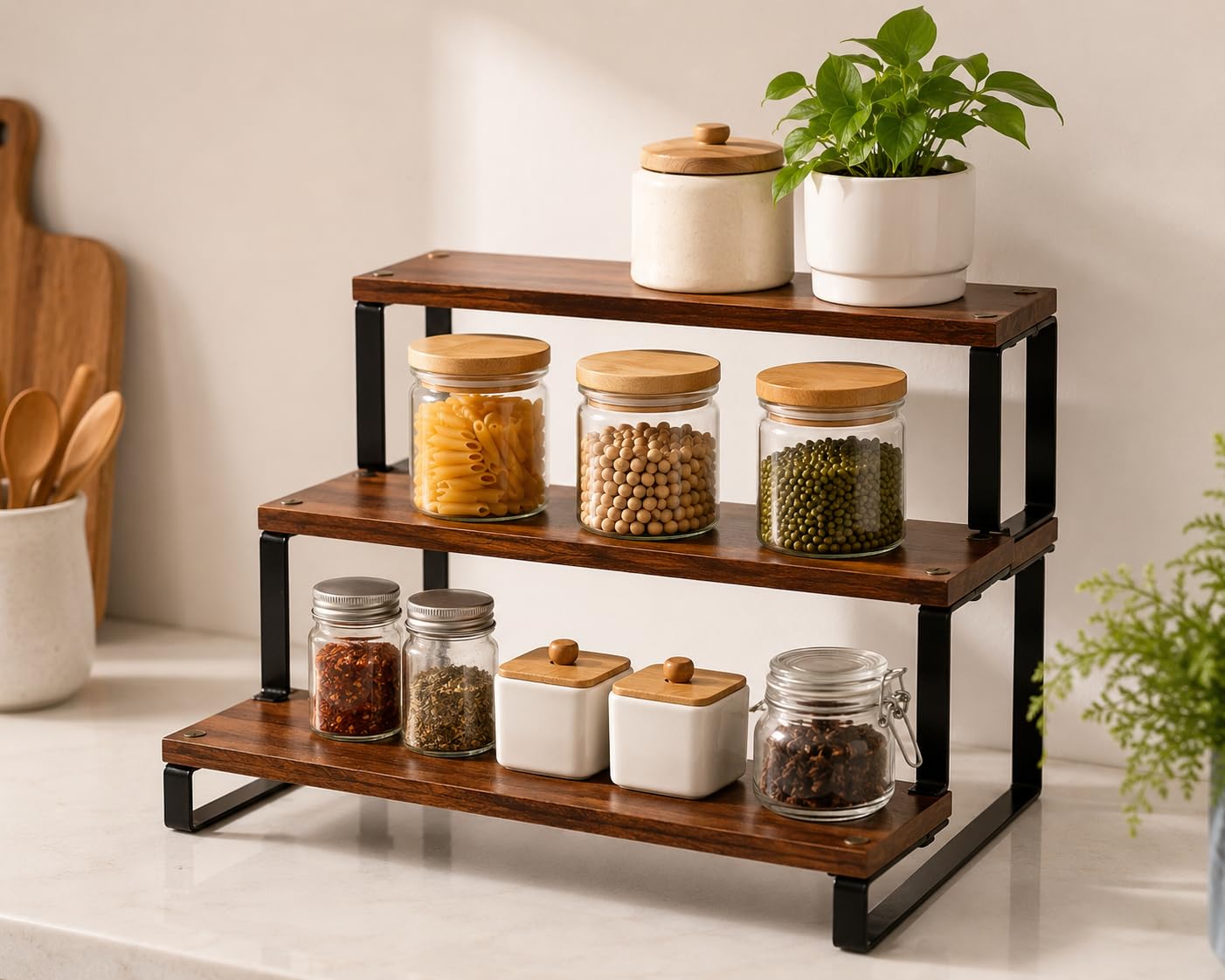 Wooden Spice Rack Organizer for Kitchen Counter | Step Shelf Storage for Jars, Bottles & Condiments | Multipurpose Pantry & Cabi