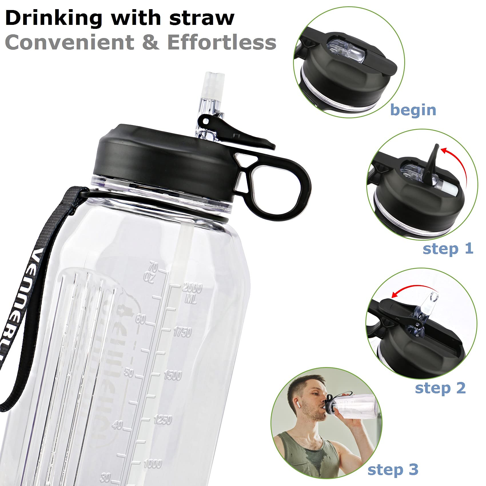 Half Gallon Water Bottle with Handle BPA Free Sports Water Bottles 74oz Large Plastic Water Jug with Straw VENNERLI 2.2L Motivational Water Bottle with Straw for Outdoor Hiking Camping Running (QL-Clear)
