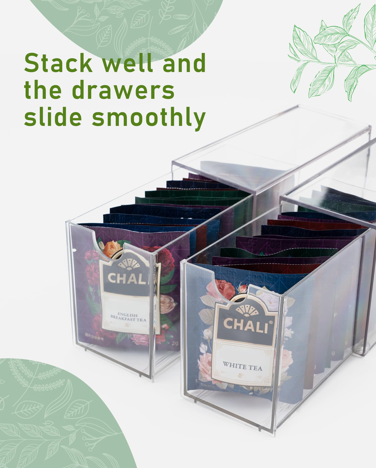 Mevtok 2 Pack Tea Bag Drawers Organizer, Clear Plastic Stackable Tea Bag Storage Holder For Kitchen - 3'' X 6.5'' X 3.9''