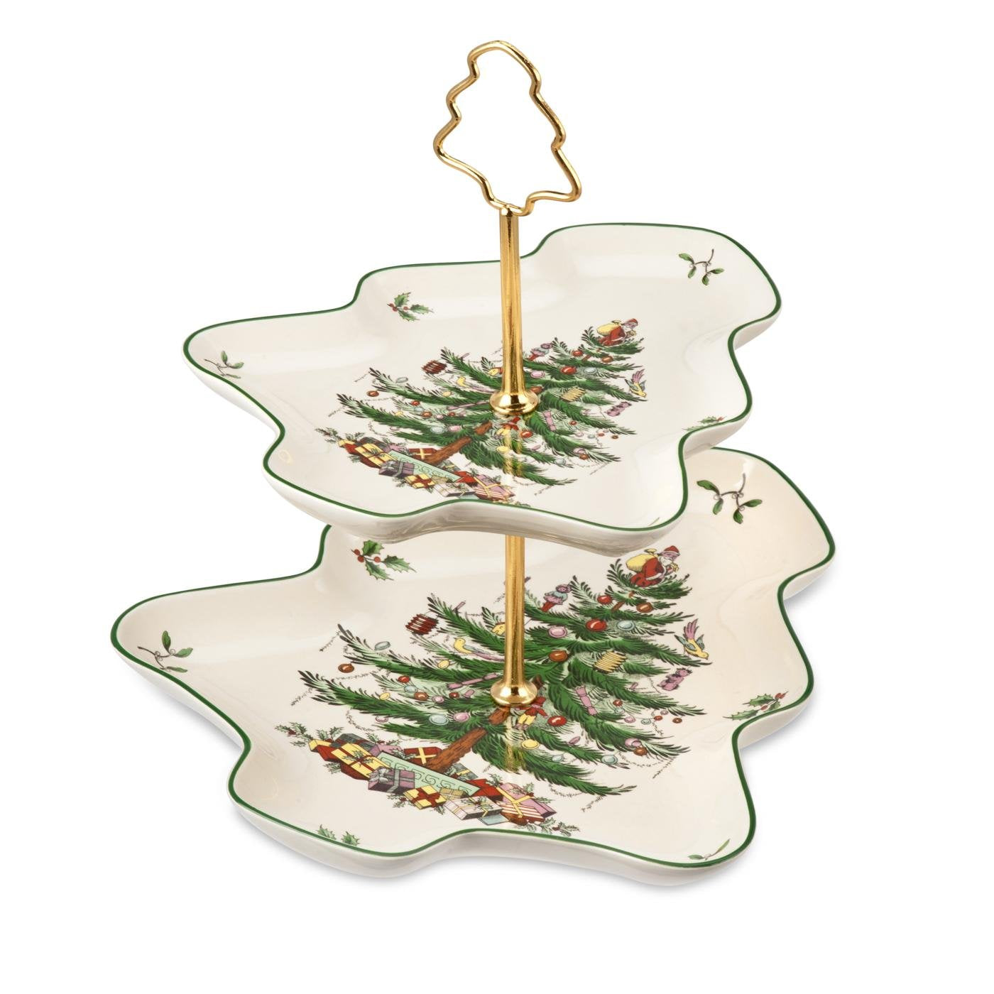 Spode Christmas Tree 2-Tiered Server, Tree-Shaped - Holiday Cupcake Stand, Dessert Display Set, Porcelain Serving Platter, 10 & 