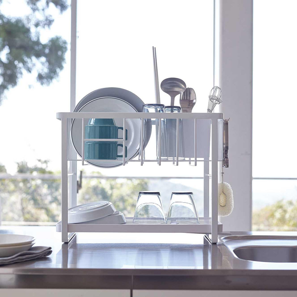 Yamazaki Home Two-Tier Adjustable Dish Drainer Rack, Compact Drying Ra ...