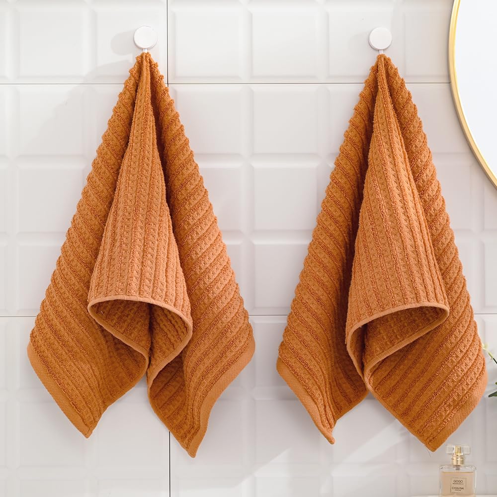 Sense Gnosis Waffle Hand Towel Striped Pattern Soft 100% Cotton Ultra Absorbent Hand Towels For Bathroom 13 X 29 Inch (Coral Ora