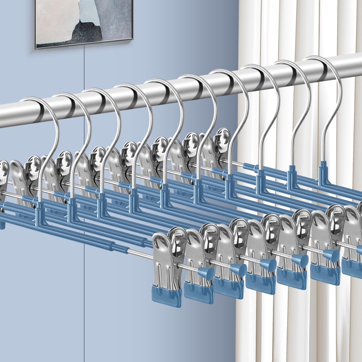 Hwajan 14Inch Blue Pants Hangers With Clips 10 Pack Adjustable Skirt Hangers For Women Non-Slip Trousers Hanger For Jeans Clothe