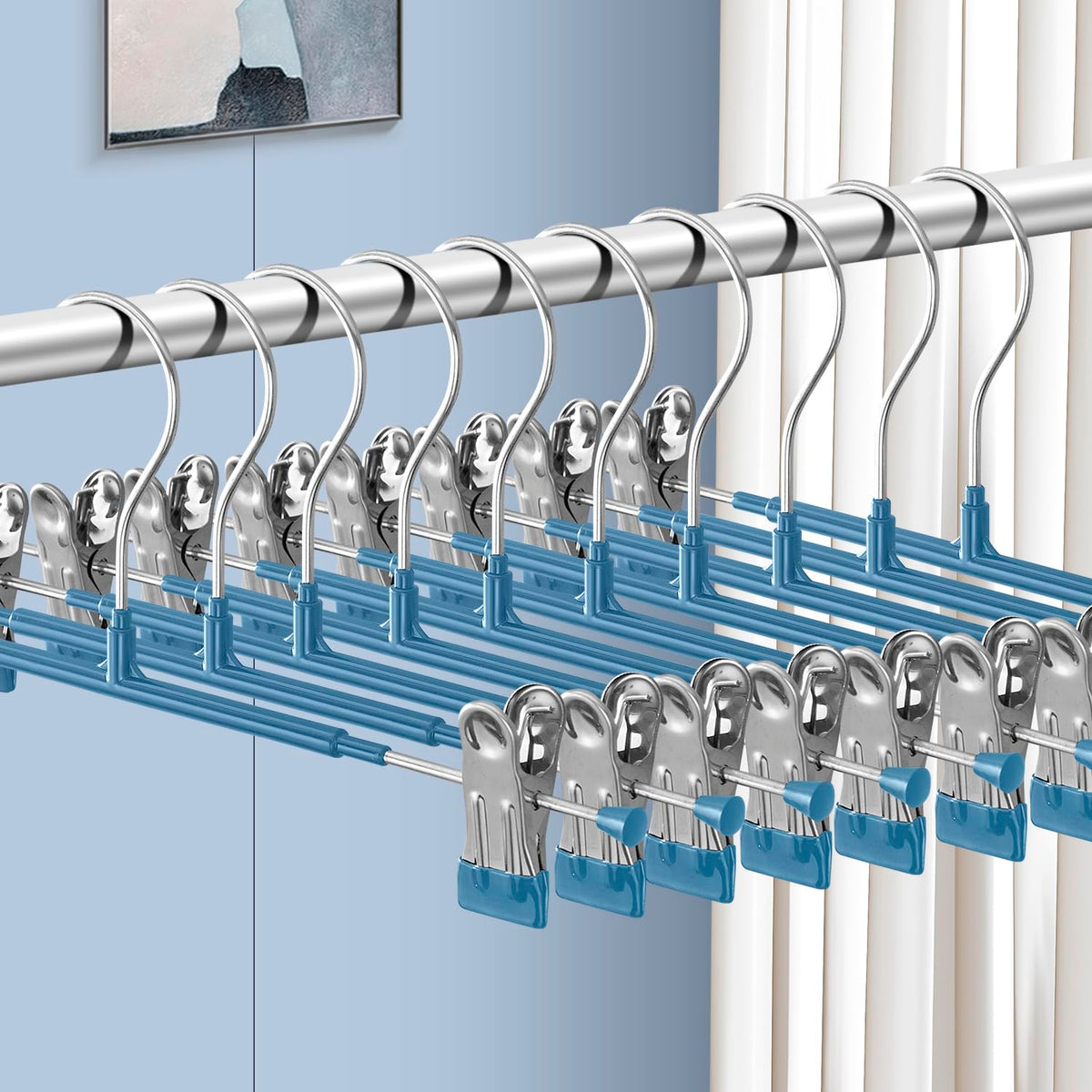 Hwajan 14Inch Blue Pants Hangers With Clips 10 Pack Adjustable Skirt Hangers For Women Non-Slip Trousers Hanger For Jeans Clothe