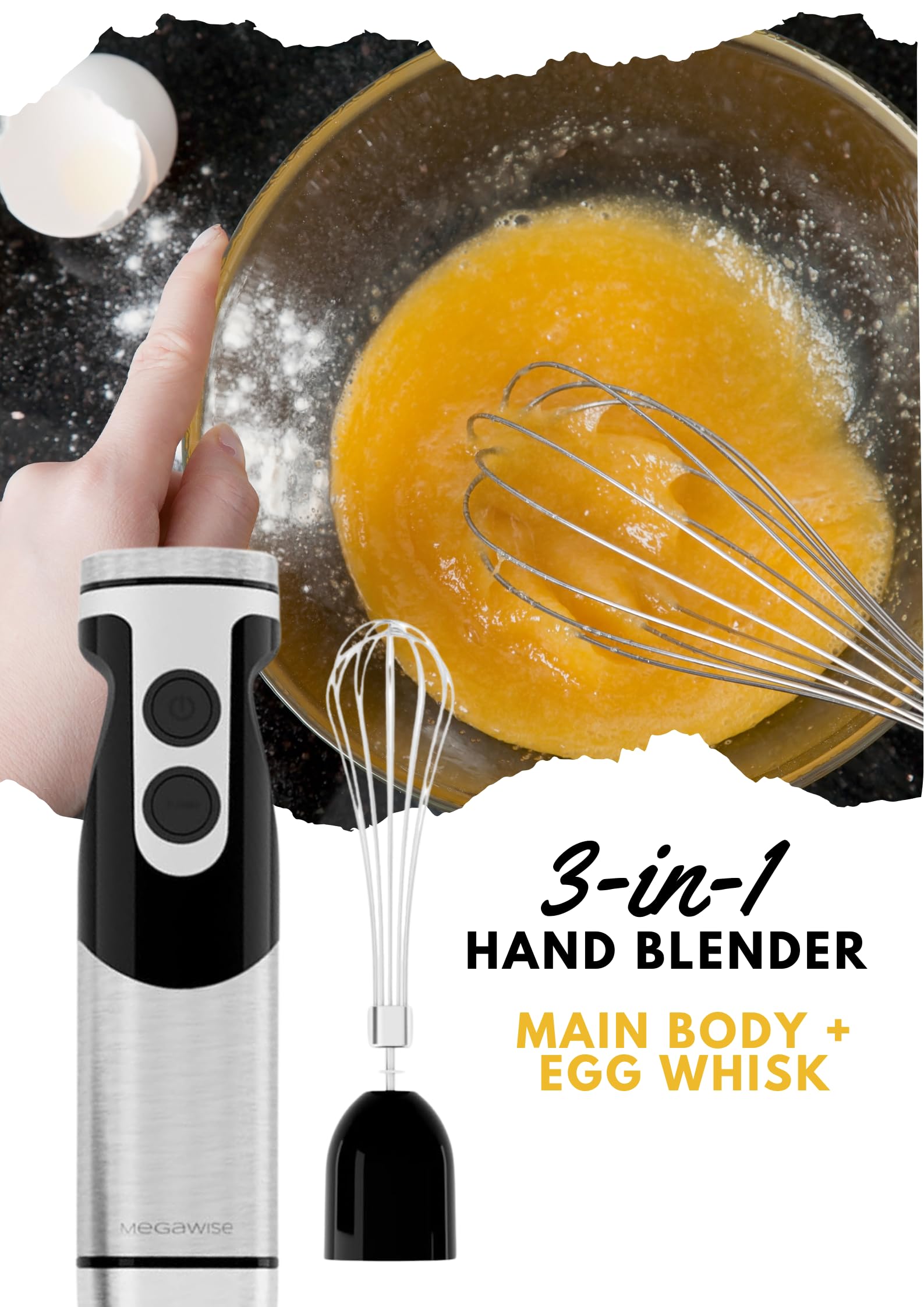 MegaWise Stainless Steel Titanium Reinforced 3-in-1 Immersion Hand Blender  Powerful with 80% Sharper Blades  12-Speed Corded Blender  Including Whisk and Milk Frother (3-in 1 Black)