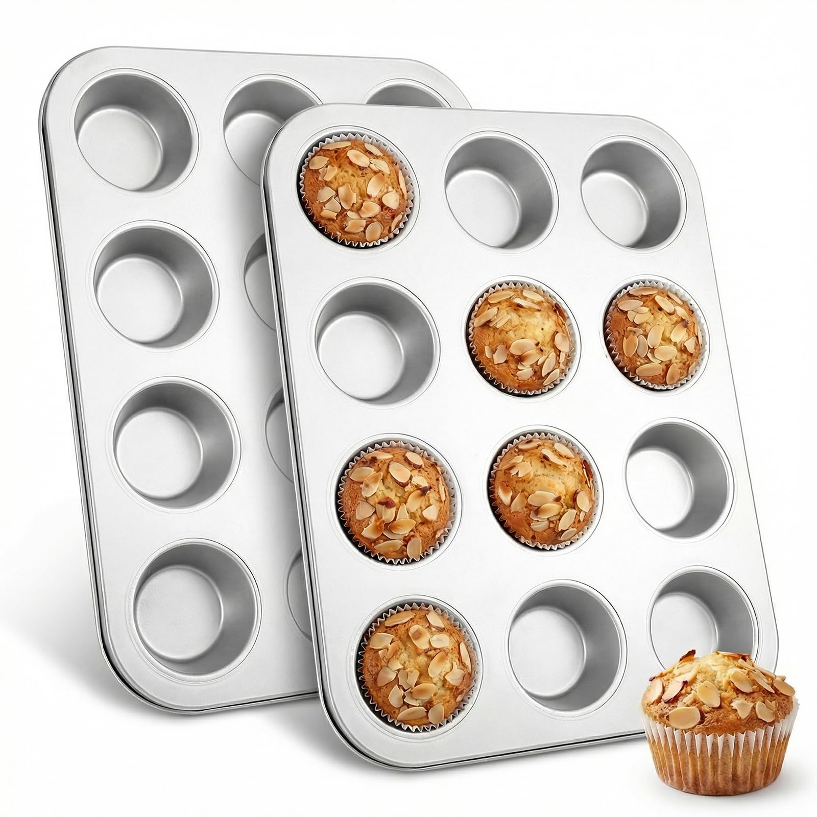 12 Cup 2 Pack Muffin Pan Cupcake Baking Pan Set, Stainless Steel Cupcake Pans Muffin Tin Tray for Mini Cake Tart Quiche, Metal B