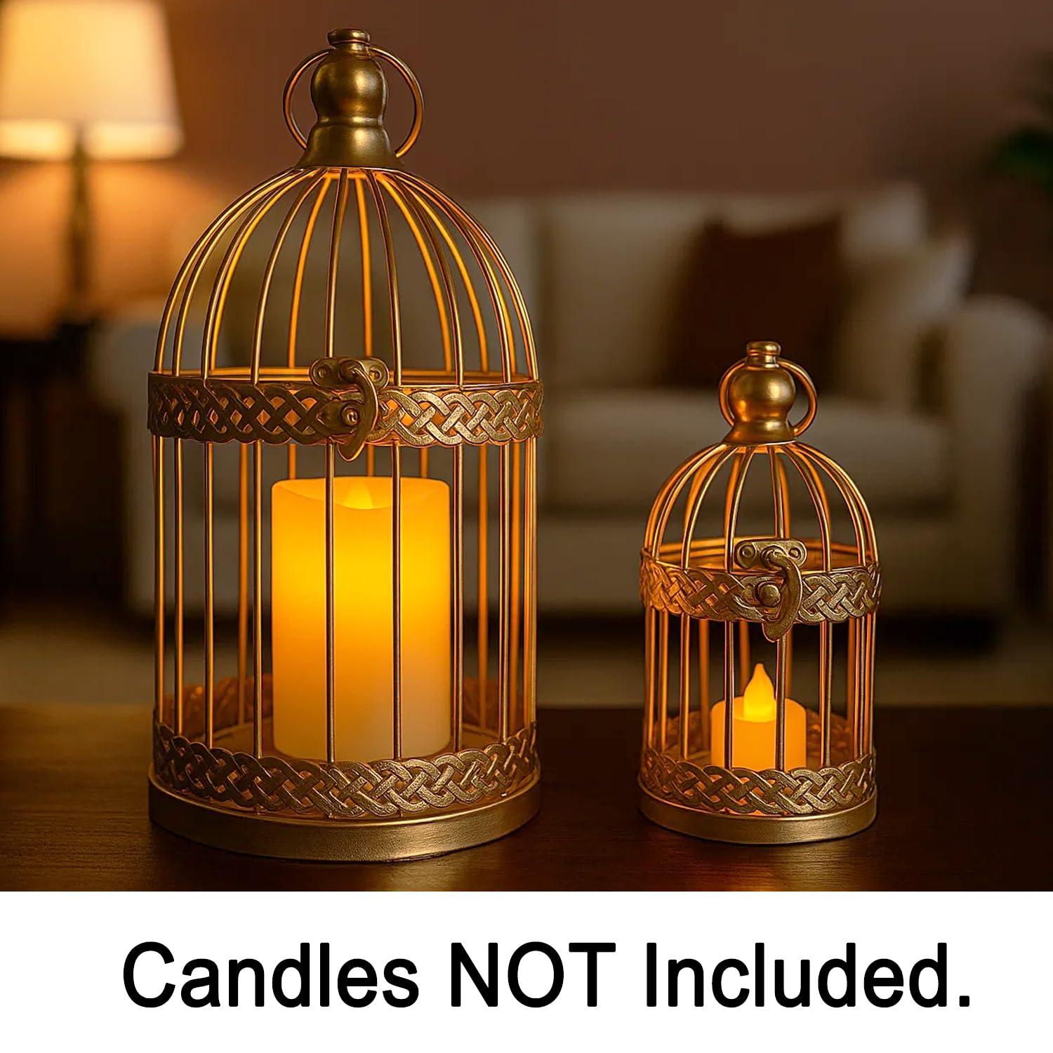 VELA LANTERNS Birdcage Decor Candle Holder Lantern Decorative Wedding Table Centerpiece Decorations, 10 and 6 Tall, Gold, Set of