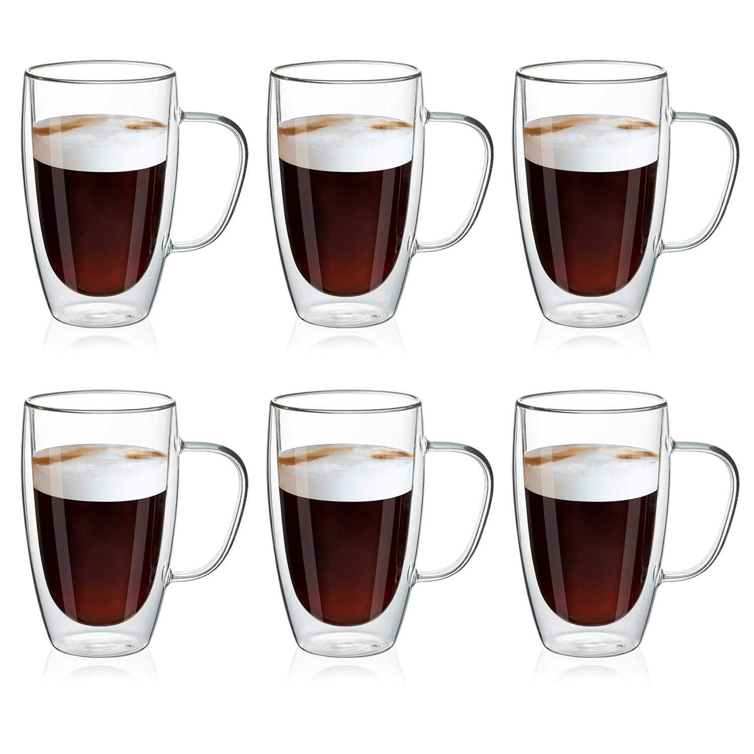 Meway 16Oz/6 Pack Coffee Mugs, Thickened Clear Glass Double Wall Cup With Handle For Coffee, Tea, Latte, Cappuccino (16 Oz,6)
