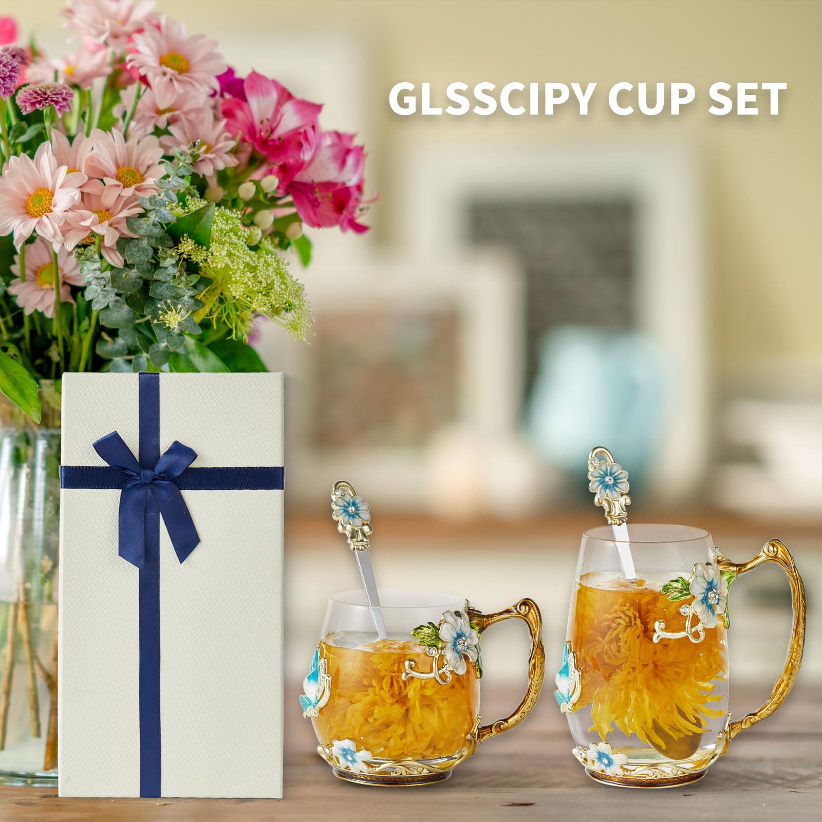 DUMVOIN Tea Cup Glass Coffee Mugs,Fancy Tea Cup Set Birthday Gift Idea for Tea Lover and Man & Women Novelty Coffee Mugs Rose Fl