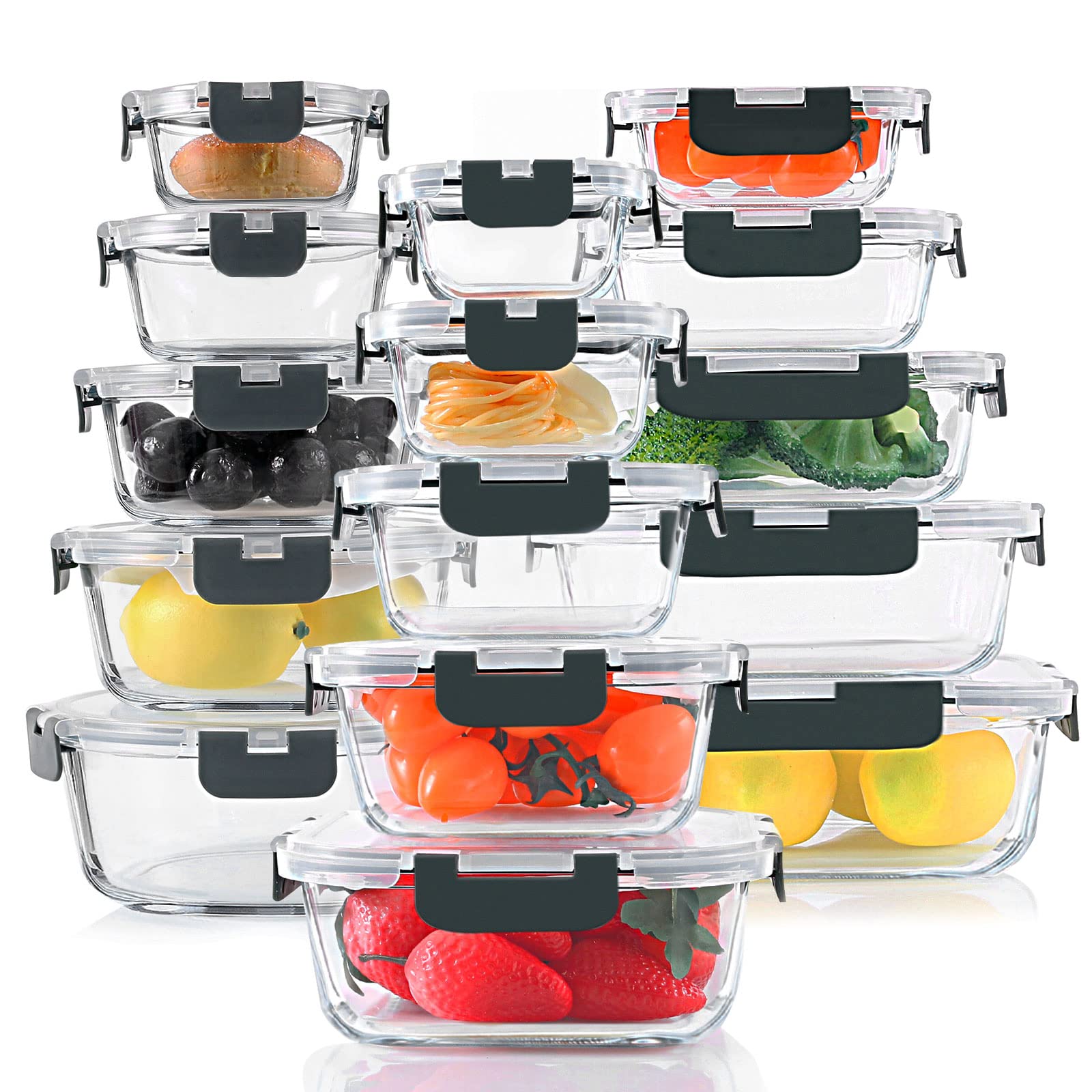 30 Pieces Glass Food Storage Containers Set, Glass Meal Prep Containers Set With Snap Locking Lids, Airtight Glass Lunch Contain