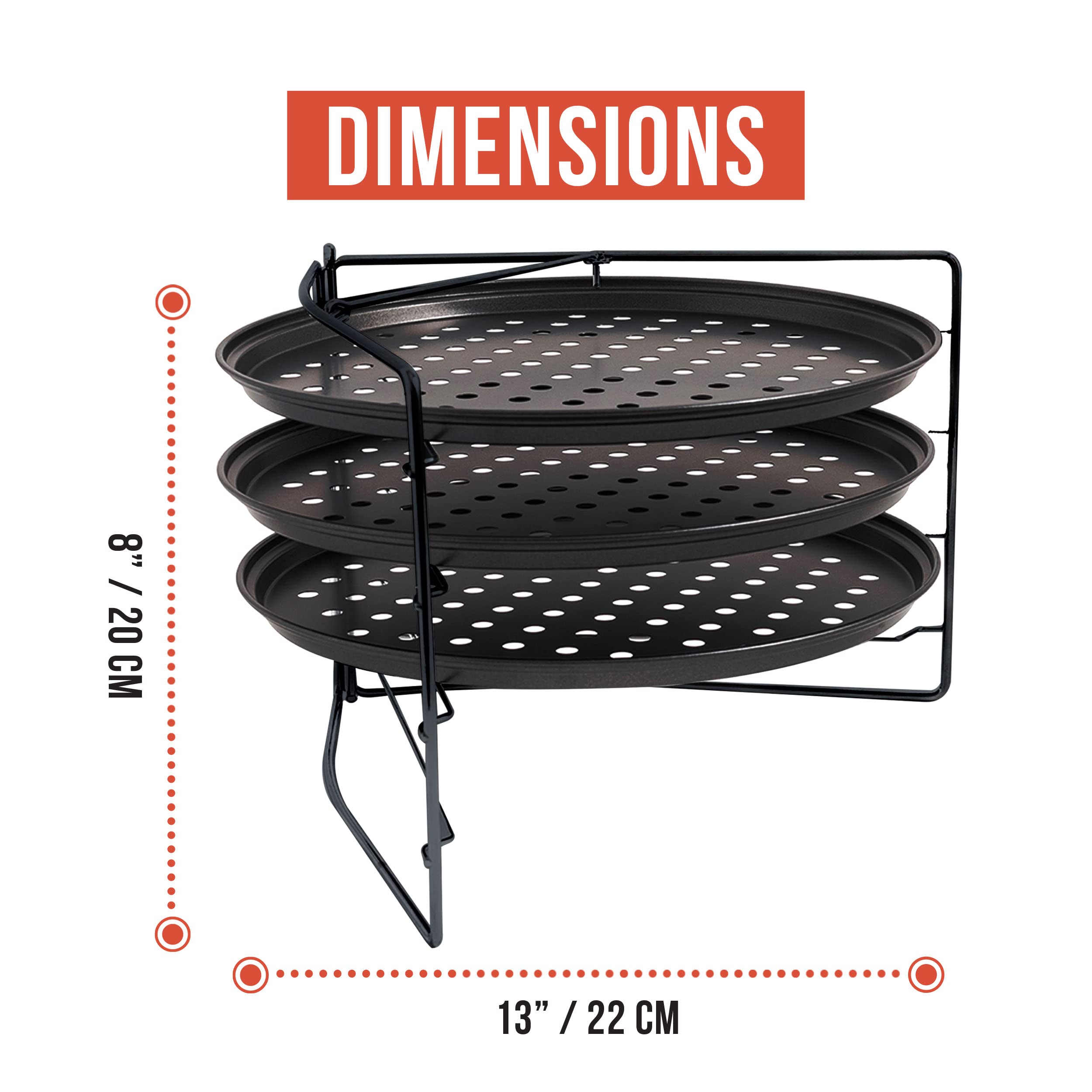 Chef Pomodoro Pizza Baking Set With 3 Pizza Pans & Pizza Rack, 13-Inch, Non-Stick Pizza Stand & Pizza Tray For Oven, Grill, Pizz