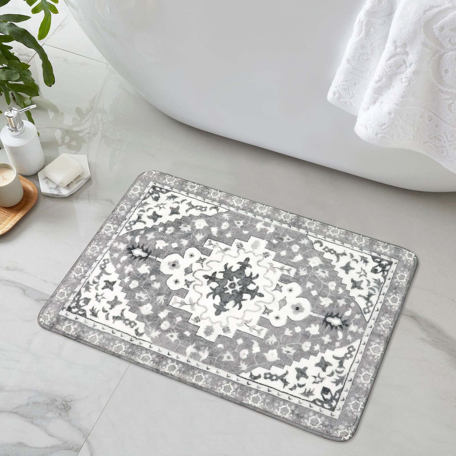 Uphome Boho Vintage Bathroom Rugs Gray Non-Slip Soft Bath Mat Machine Washable Oriental Small Bath Rug Traditional Tribal Floral