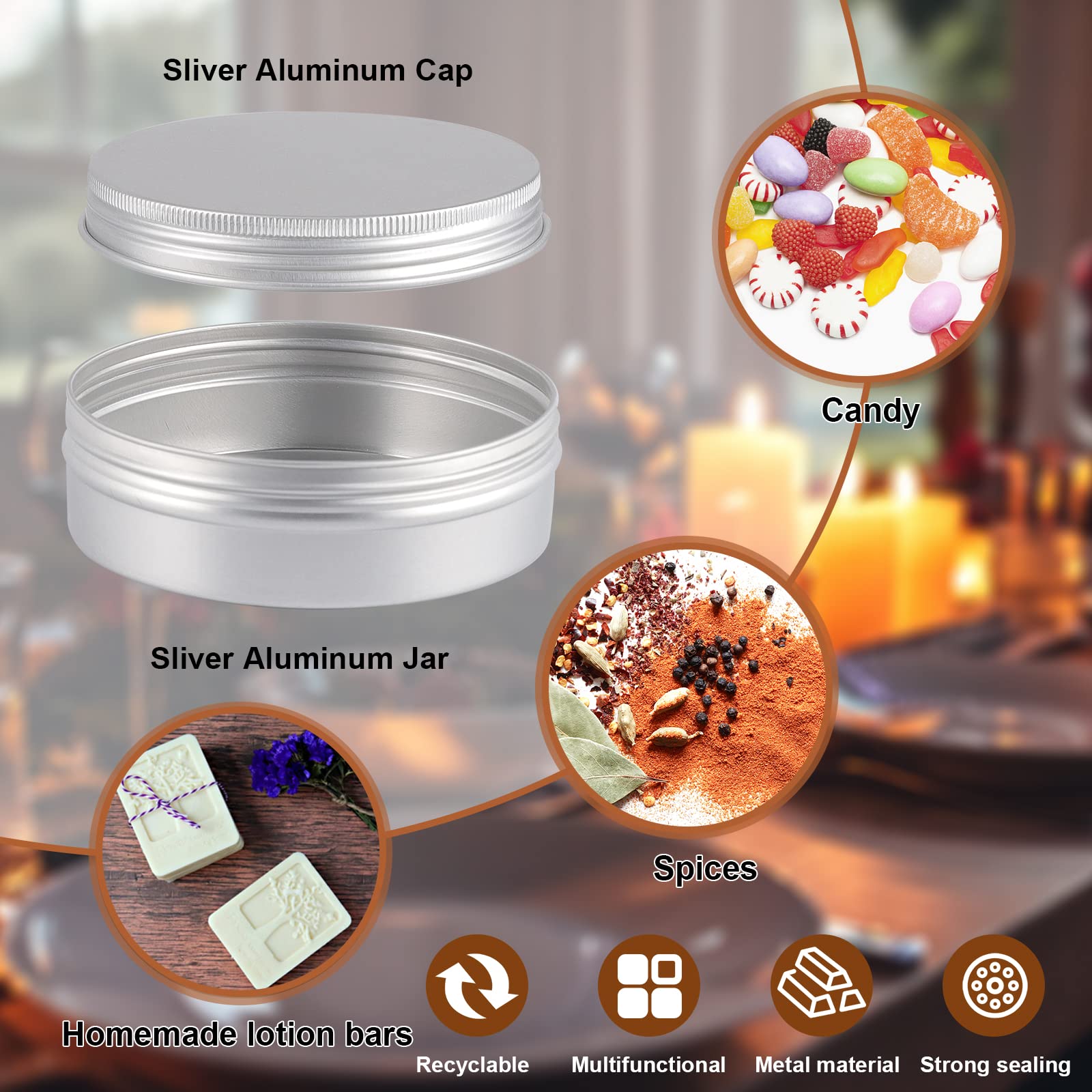 OBKJJ 60 Pack Round Cans with Screw Lid 4 Oz Aluminum Metal Tins DIY Food Candle Containers for Lotion Bars  Balms  Salve  Spices  Beard Balm  Crafts with 4 Markers 2 Sheets Label Stickers