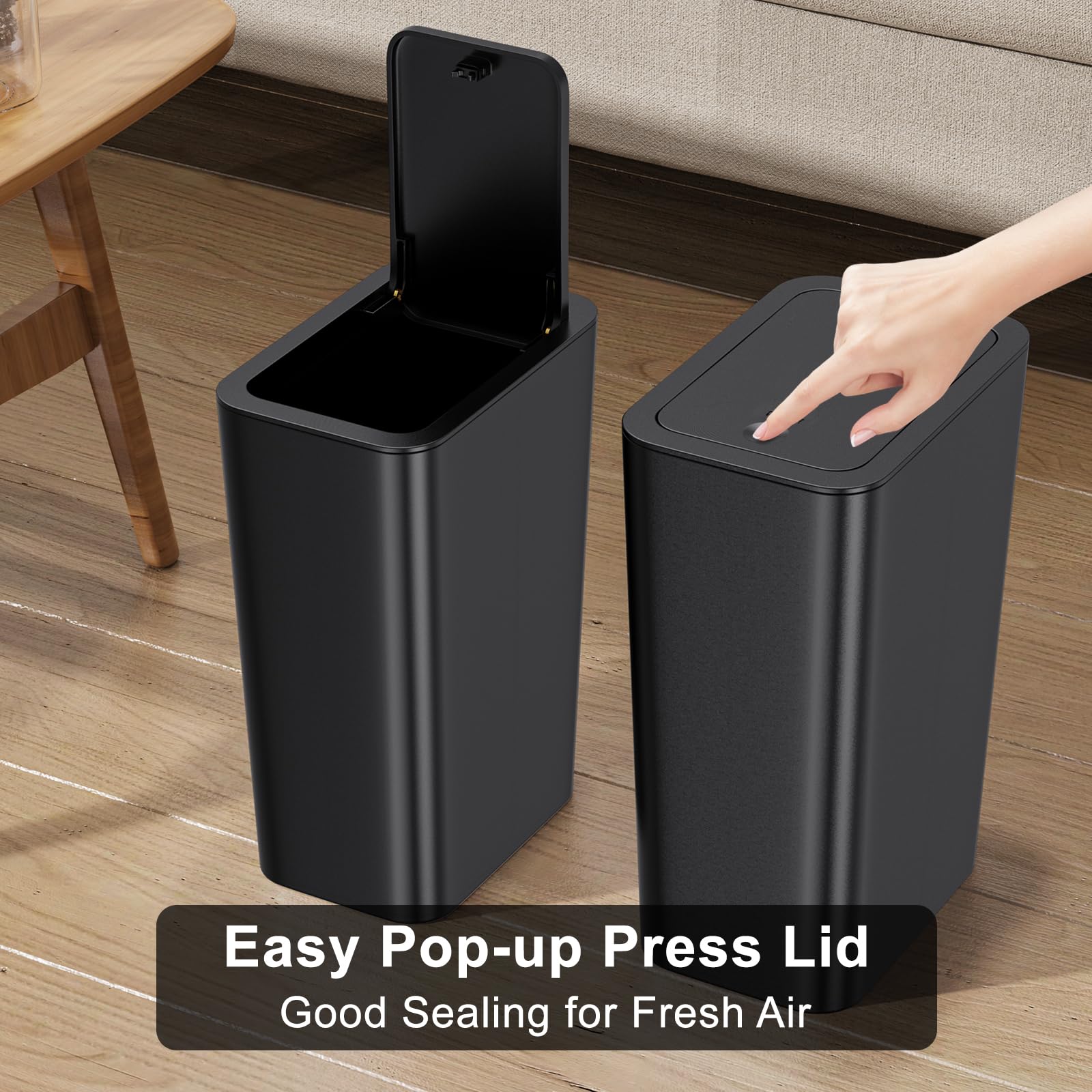 N. Netdot 3 Pack 10 L/2.6 Gal Bathroom Trash Can With Lid, Small Kitchen Trash Can With Press Type Lid, Black Trash Can/Slim Gar