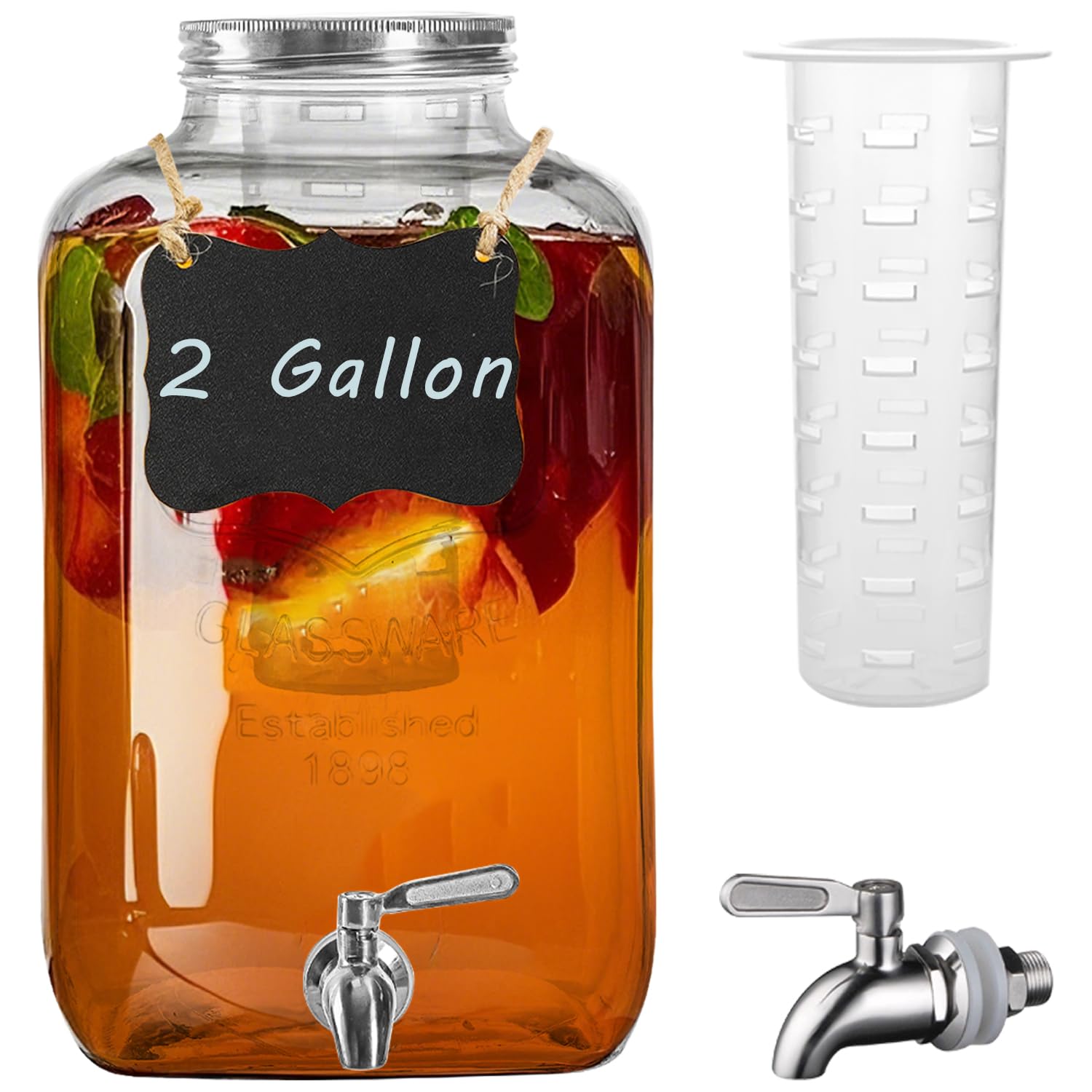 Galssmagic 2 Gallon Glass Drink Dispenser with Stainless Steel Spigot,1 Pack Glass Beverage Dispenser Water Lemonade Dispensers 