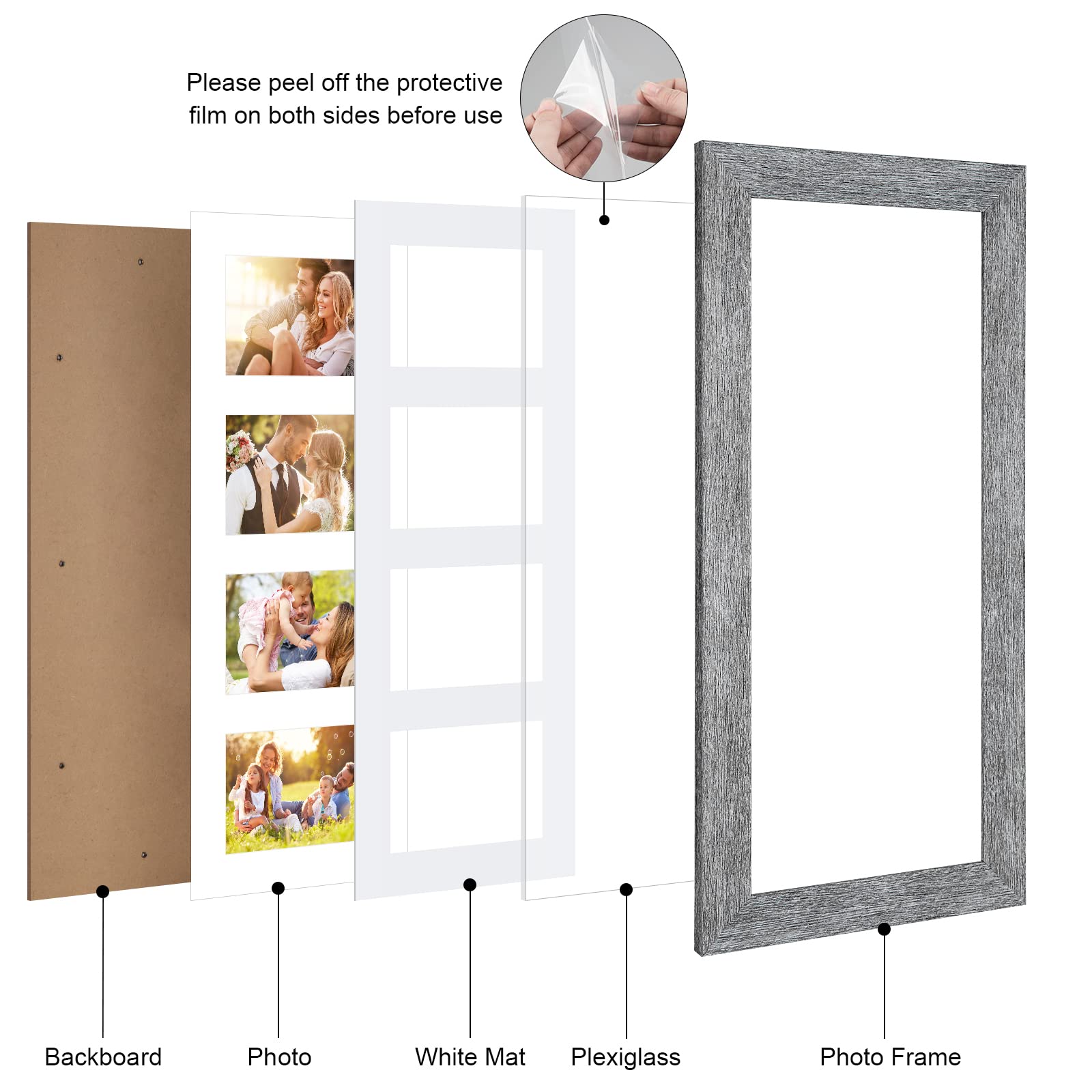 Gaevuian 8x20 Picture Frame Display 4 opening 4X6 Picture Frame Collage,Multi Photo Frame with Mat,Plexiglass,Wall or Tabletop D