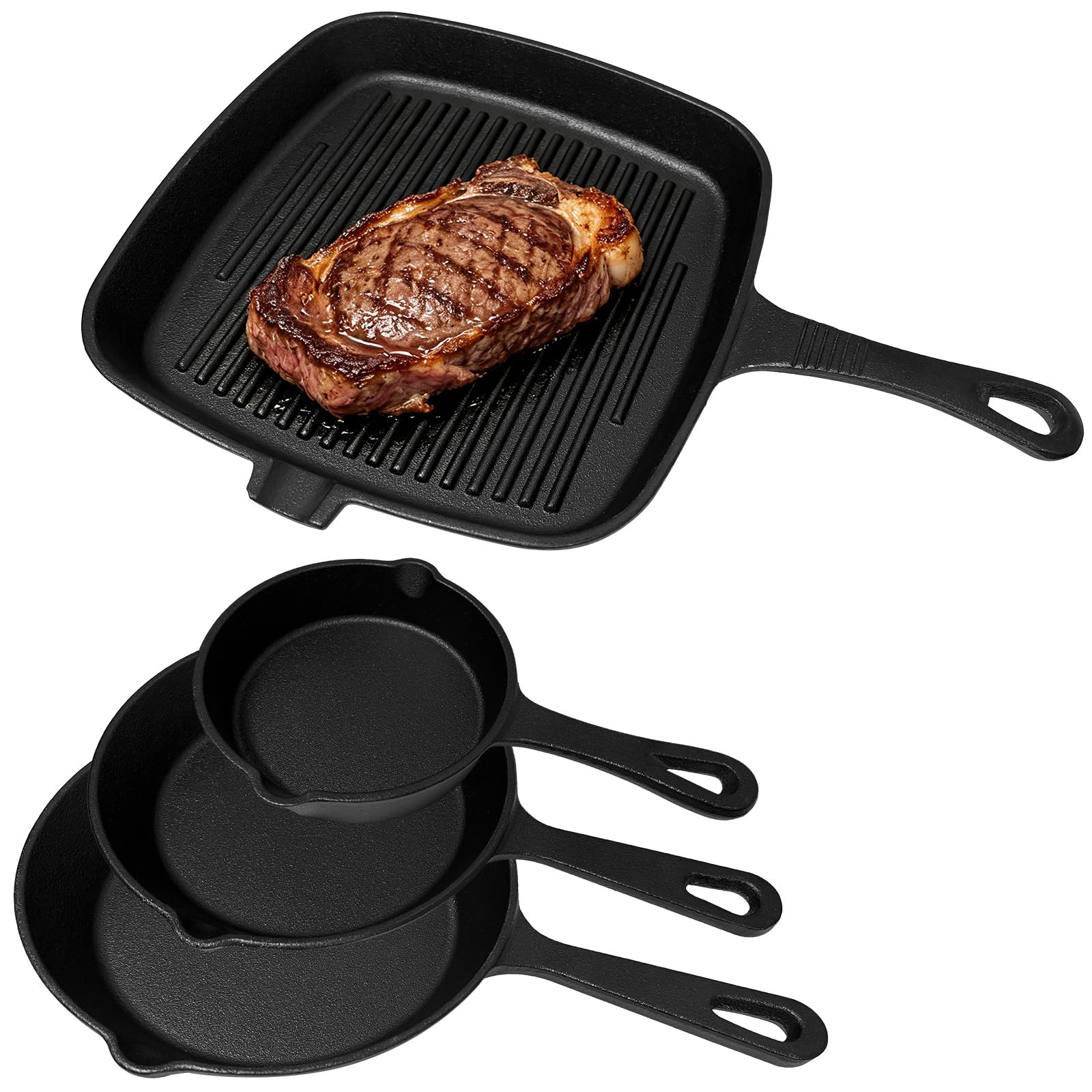 NIMBLOOM 4PCS PreSeasoned Cast Iron skillets, Nonstick Frying Pans, HeavyDuty Pan Cookware Set for Steak, Eggs, Pancakes, Heav