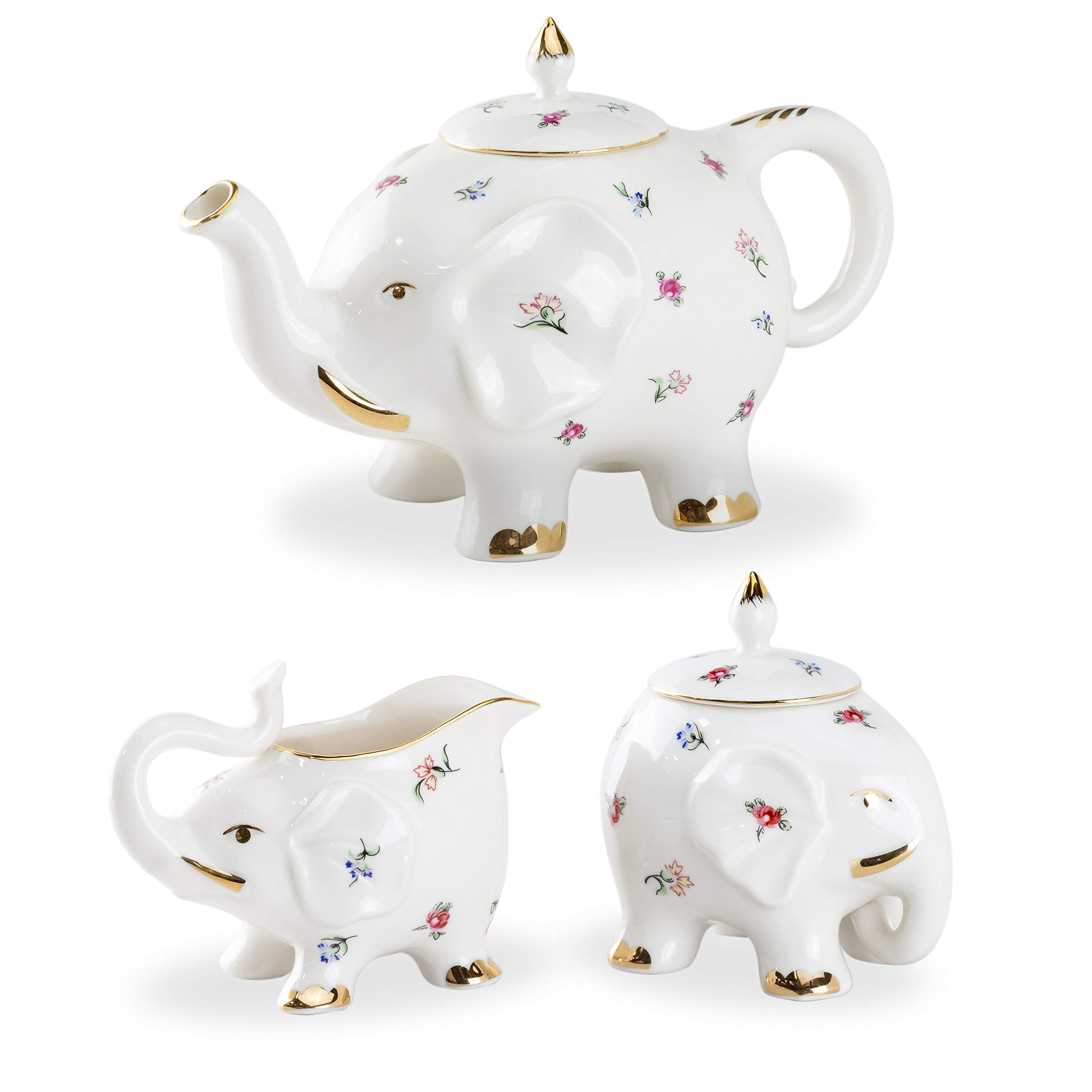Grace Teaware Fine Porcelain Happy Elephant (3-Piece Tea Set, Petite Floral Spray) With Gold Trim