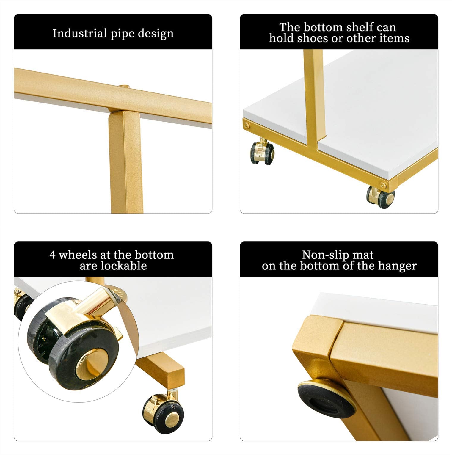 Bosuru Gold Clothes Racks With 4-Tier Wood Shelves, Modern Freestanding Gold Clothing Racks For Hanging Clothes Display Racks,Ro