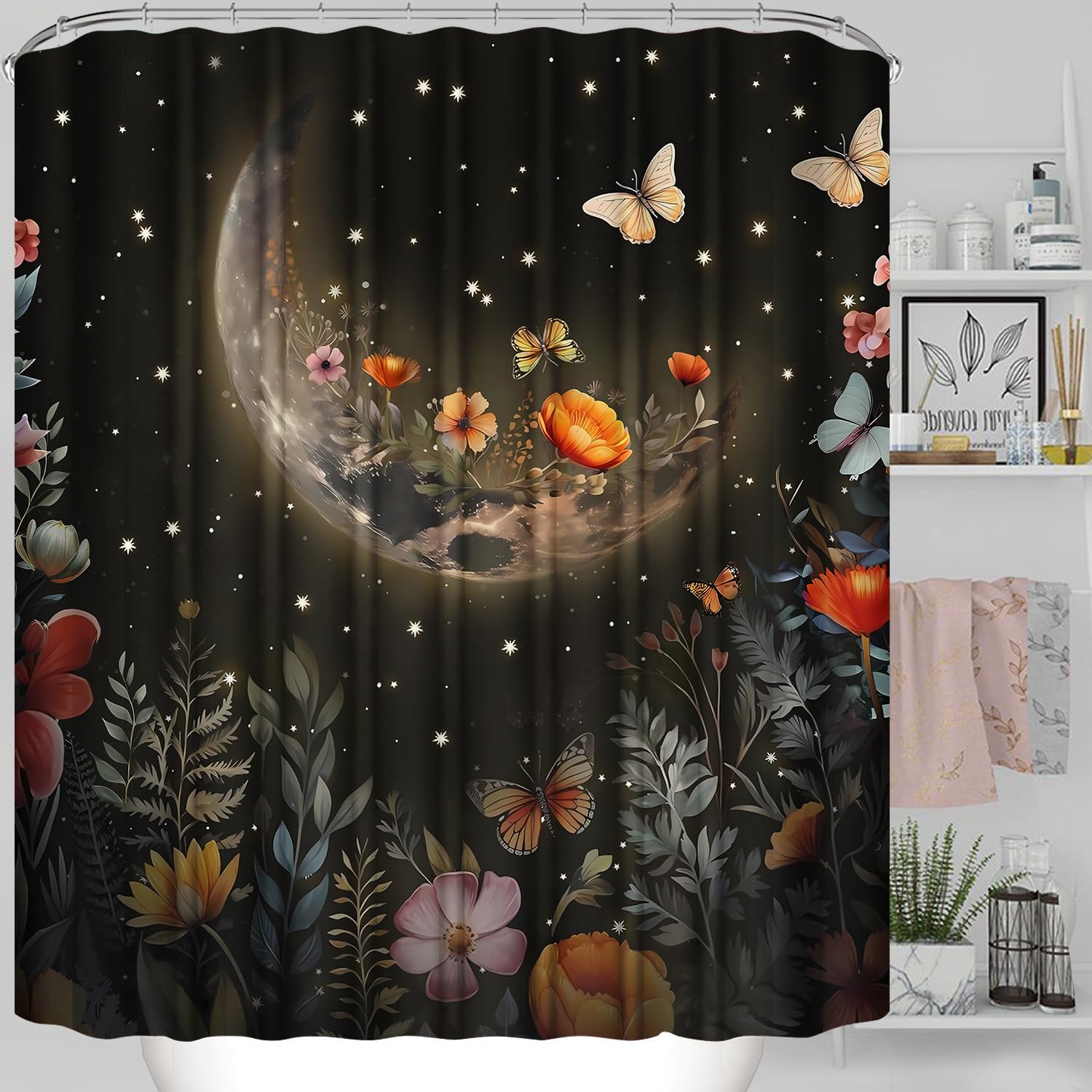 Xswpl Shower Curtain Set 4 Pcs Black Moon Bathroom Sets With Shower Curtain And Rugs Bathroom Decor Set Black Shower Curtain Wit