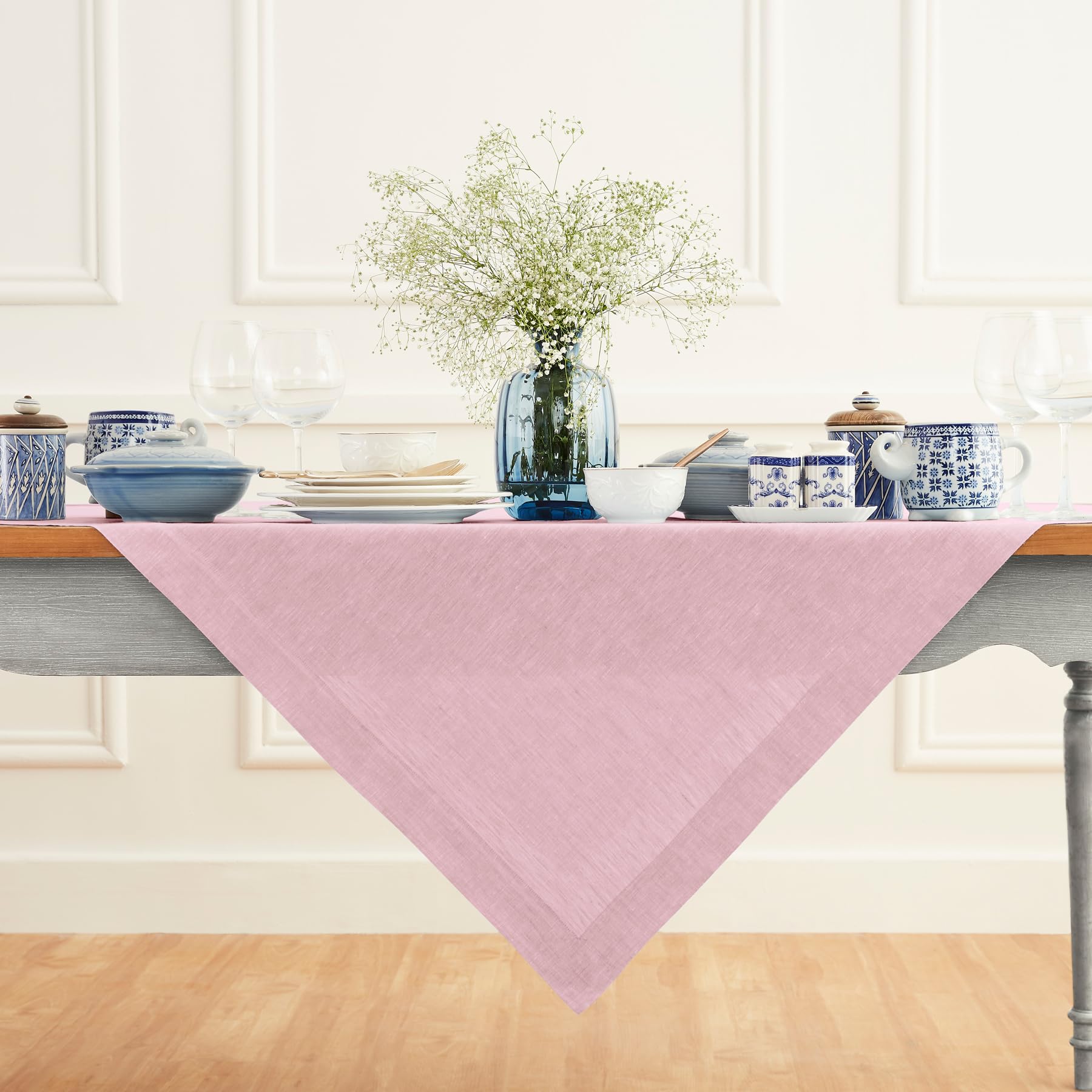 Solino Home Linen Tablecloth 52 X 52 Inch - Bubblegum Pink 100% Pure Linen Table Throw For Spring, Easter - Handcrafted And Mach