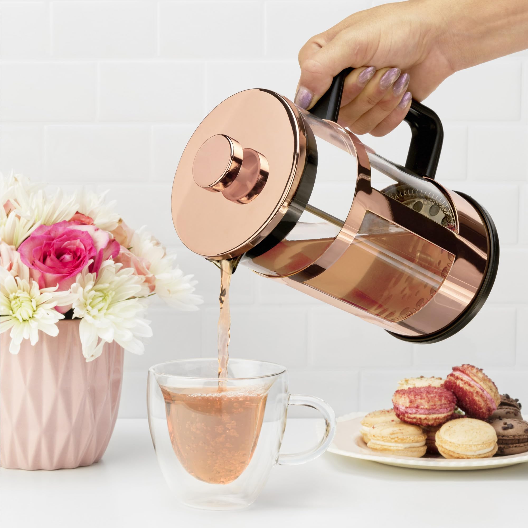 Pinky Up Piper Tea Press Pot - 34 oz Stainless Steel Coffee Maker, Rose Gold for Loose Leaf Tea & Iced Beverages, Model 5805