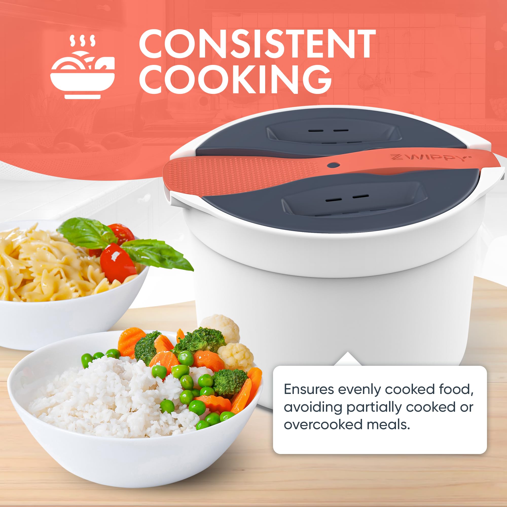 Zwippy Microwave Rice Cooker & Steamer - Mess-Free, Dishwasher Safe, Cooks Up to 8 Cups, Model 35MRC-V2.0