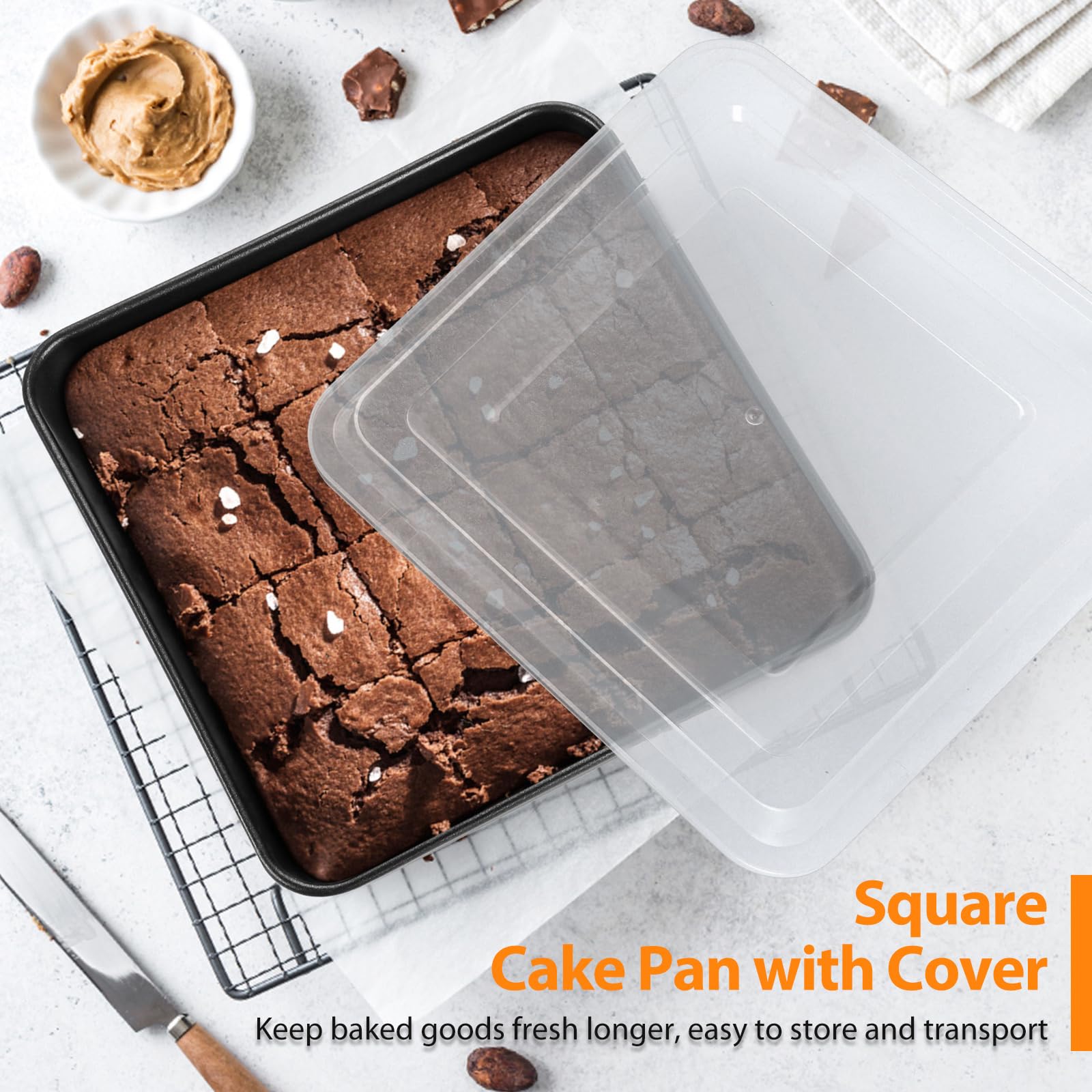 E-Far 6/8/9-Inch Square Cake Pan With Lid Set, Non-Stick Square Baking Brownie Pans Bakeware Set Of 3, Stainless Steel Core & Ea