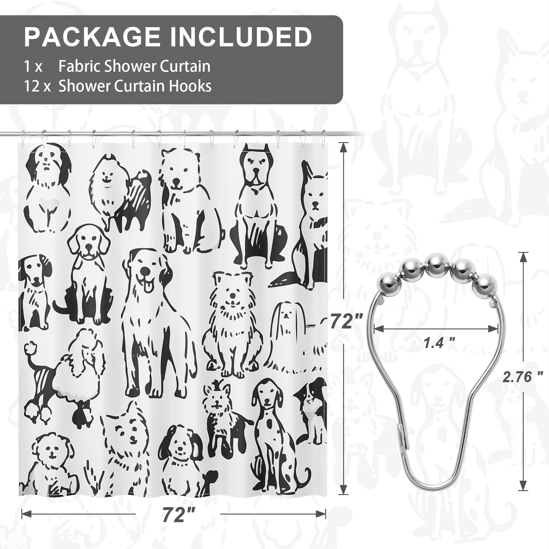 Amazerbath Shower Curtain, Washable Cloth Cute Dogs Kids White And Black Shower Curtain Set With 12 Shower Curtain Hooks, Kawaii