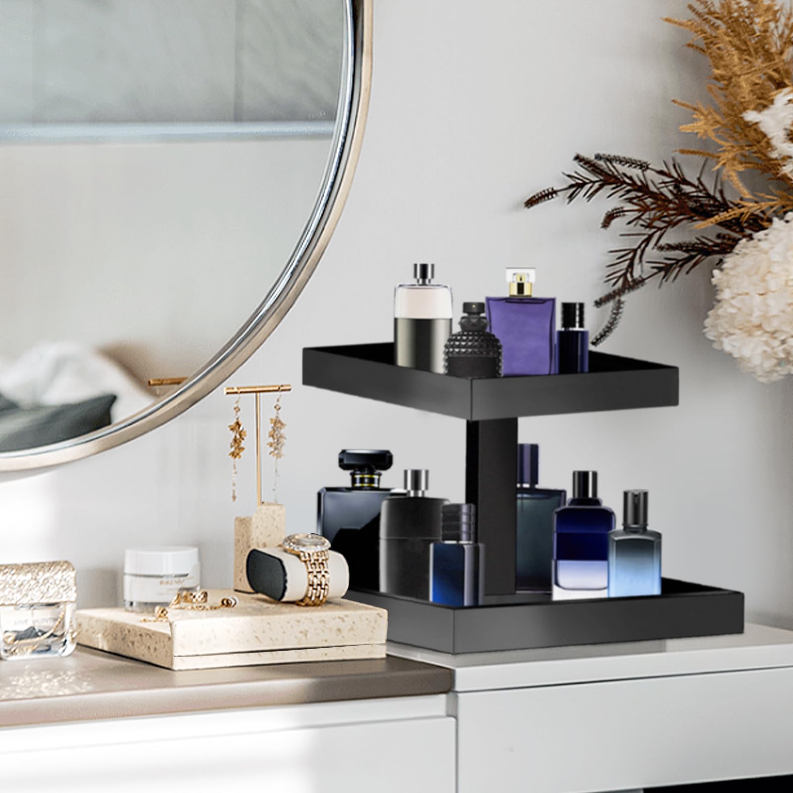 Yageli Black Perfume Display Organizer Tray - Acrylic 2-Tier Bathroom Countertop Organizer Vanity Trays Makeup Storage Shelf Hol