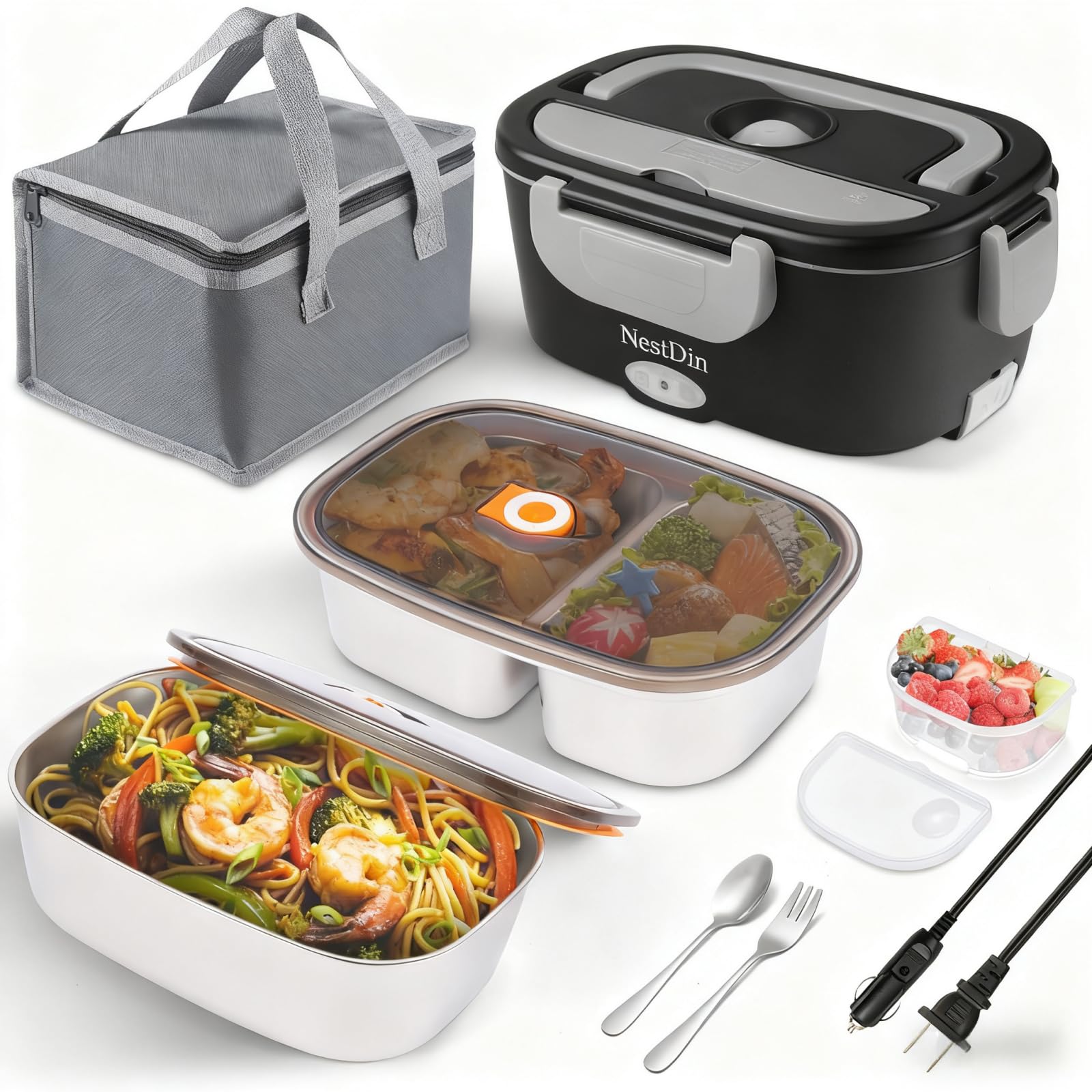 NestDin Electric Lunch Box Food Warmer, 80W Fast Heating, 1.5L Heated Lunchbox Stainless Dual Steel Container, Portable Food Hea