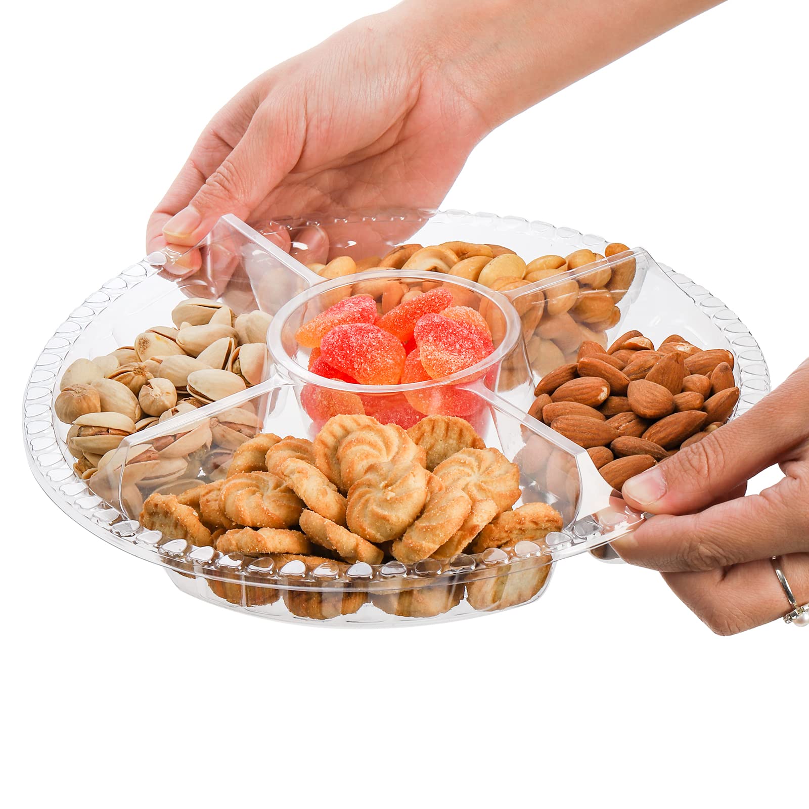 Lyellfe 30 Pack Plastic Appetizer Tray With Lid, Disposable Veggie Fruit Snack Tray With 5 Compartment, 9.5 Inch Heavy Duty Clea