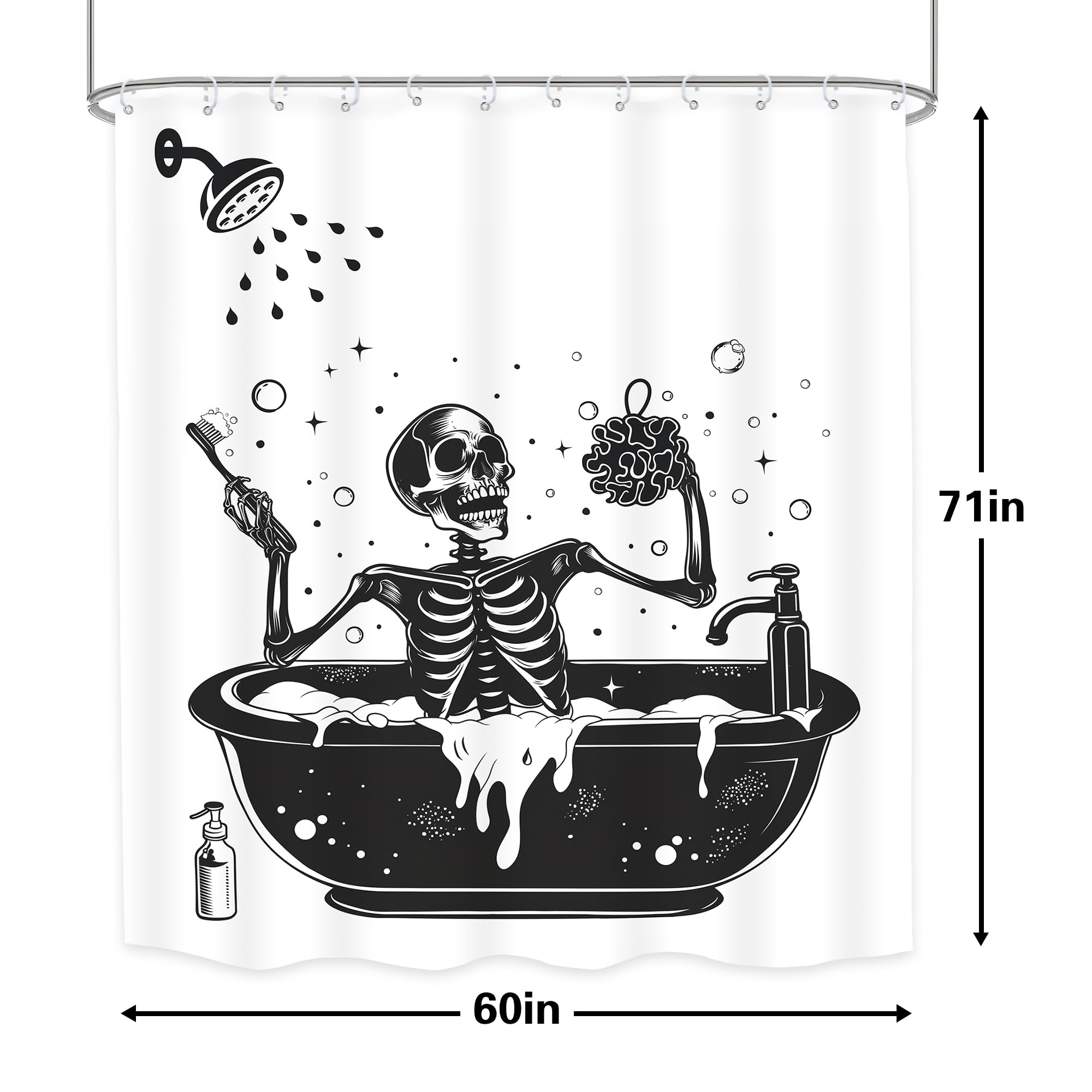 Lghtyro Funny Skull Shower Curtain Bathroom Set 60Wx71H Inches Black White Gothic Skeleton Bone Bathing In Bathtub Bubbles Spook