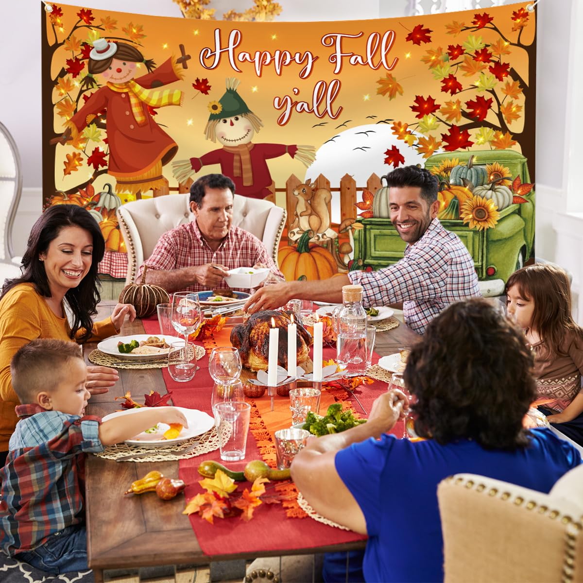 Happy Fall Yall Backdrop Decorations, Large Polyester Scarecrow Maple Leaves Fall Backdrops Banner for Photography Thanksgiving