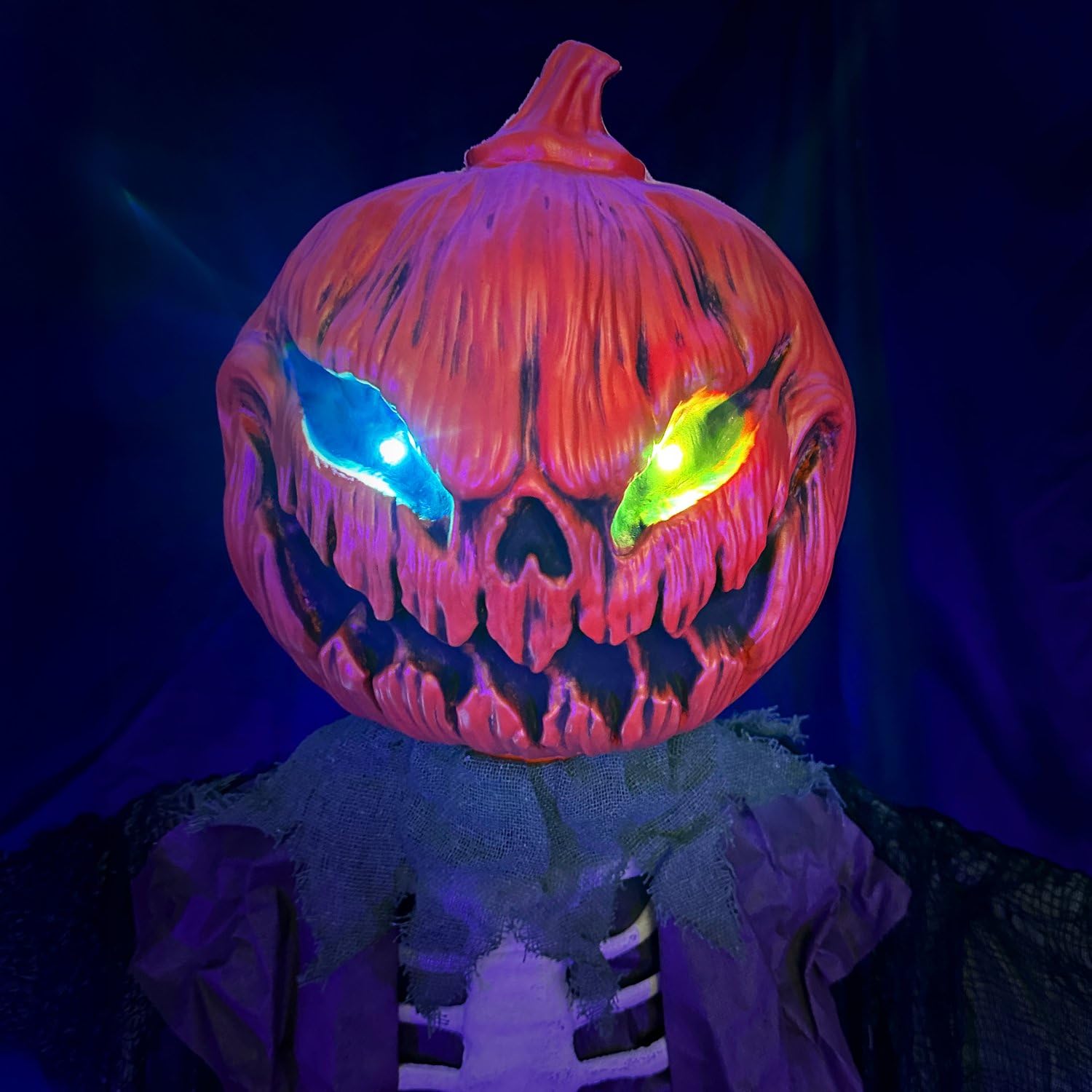 Haunted Hill Farm Life-Size Poseable Pumpkin Scarecrow, Halloween Animatronic with Touch Activated Lights and Sound, Scary Frigh