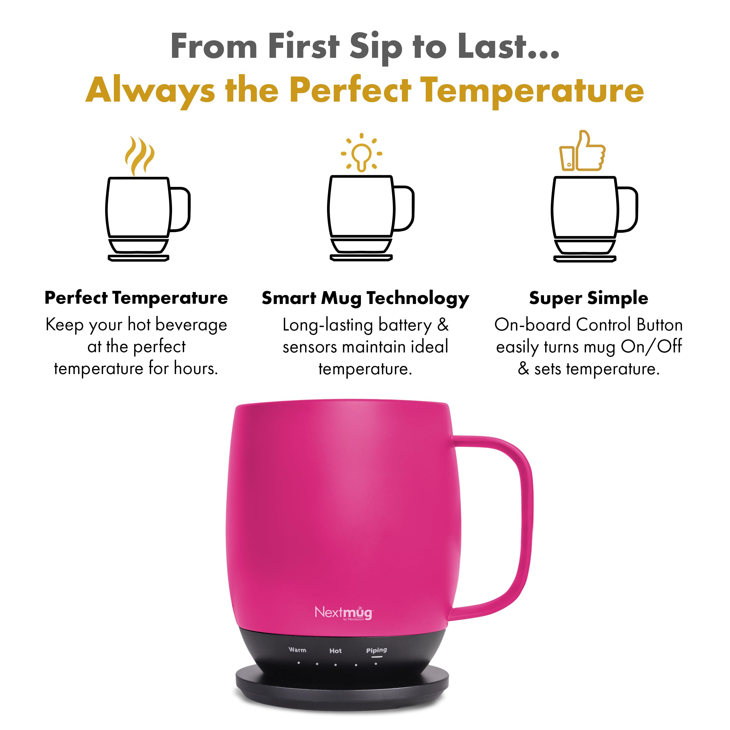 Nextmug - Temperature-Controlled, Self-Heating Coffee Mug (True Pink - 14 Oz.)