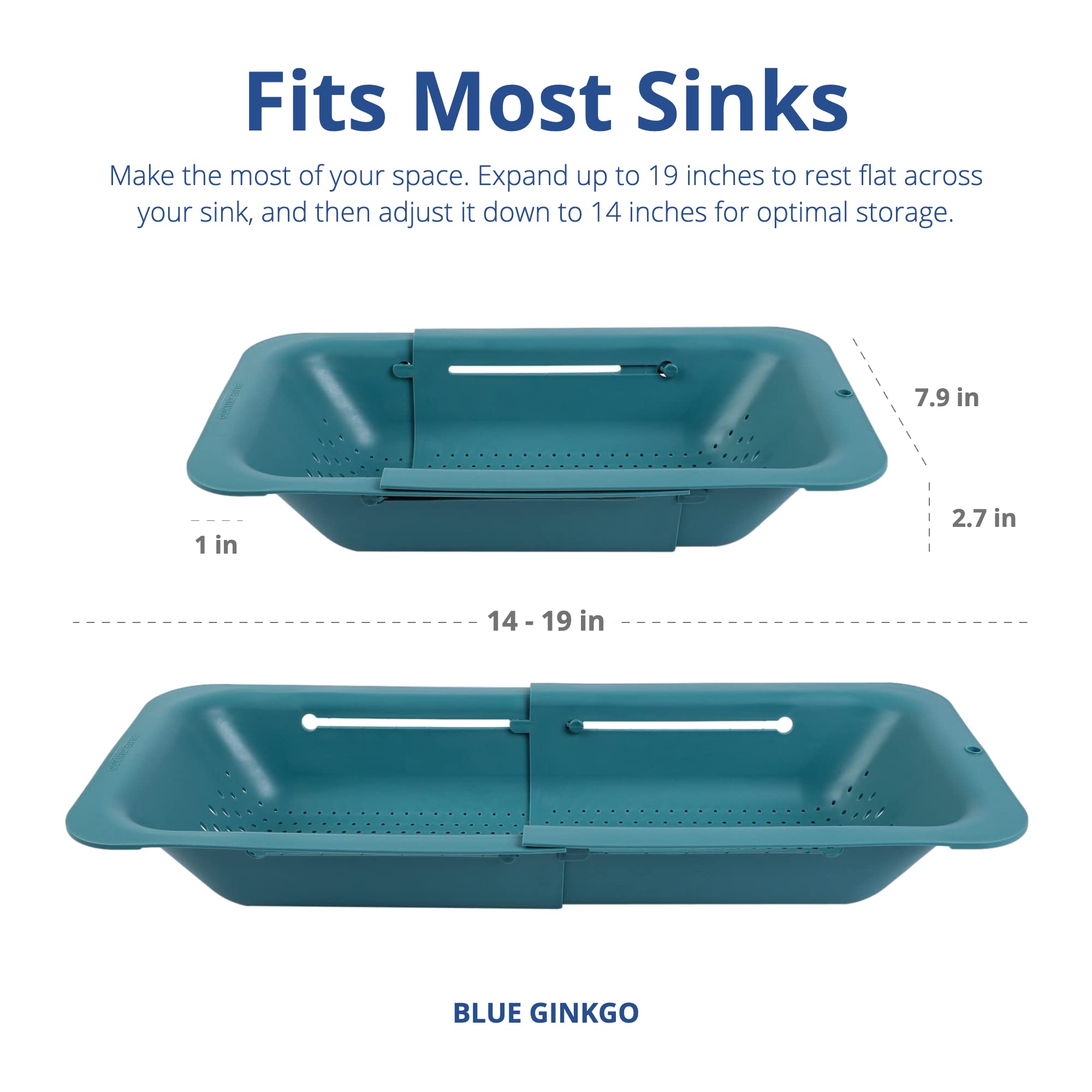 BLUE GINKGO Sink Colander Baskets - (Pack of 2) Wash Vegetables and Fruits  Drain Cooked Pasta and Dry Dishes - Extendable - New Home Kitchen Essentials (2 Teal)