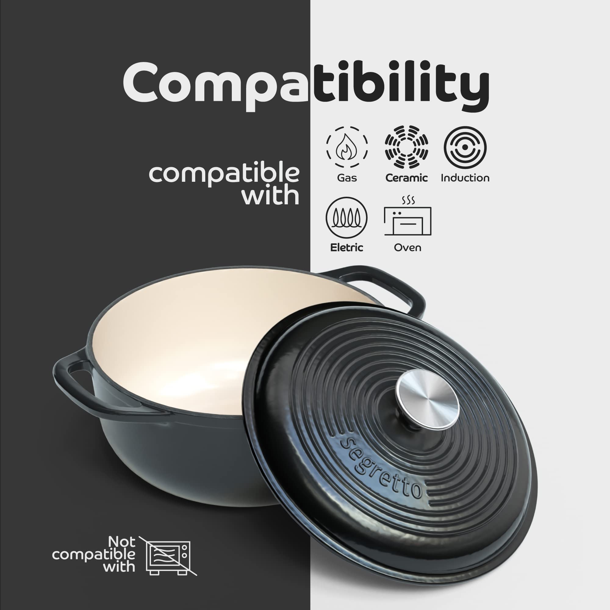 Segretto Cookware Enameled Cast Iron Dutch Oven With Handle, 4.57 Quarts, Nero (Black) 4.57 Qt Oven Safe Dutch Oven Pot With Lid