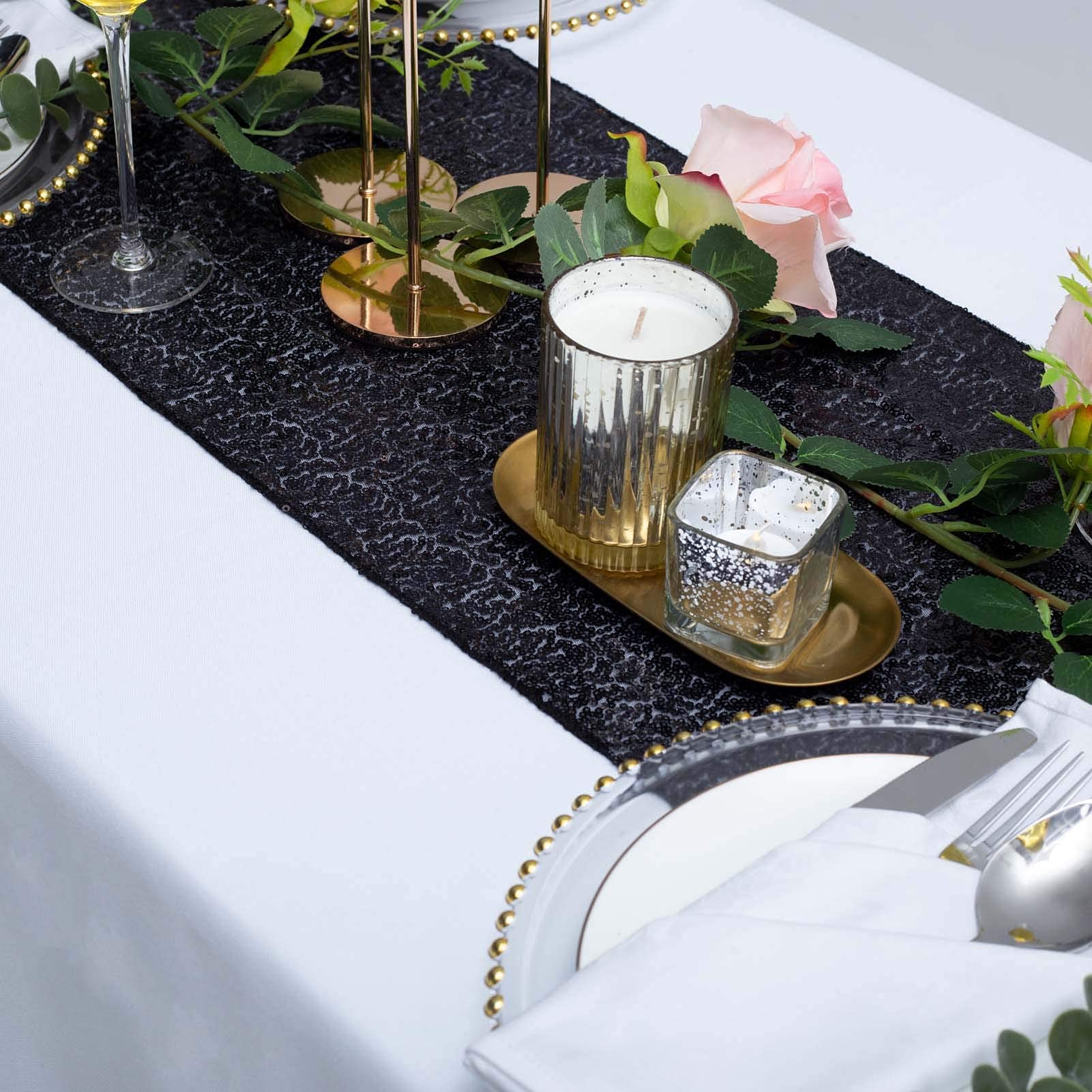 Jyflzq Black Sequin Table Runners 12'' X 108'' Pack Of 5 Glitter Sequin Fabric Table Linens - Sparkly Runners For Wedding & Birt