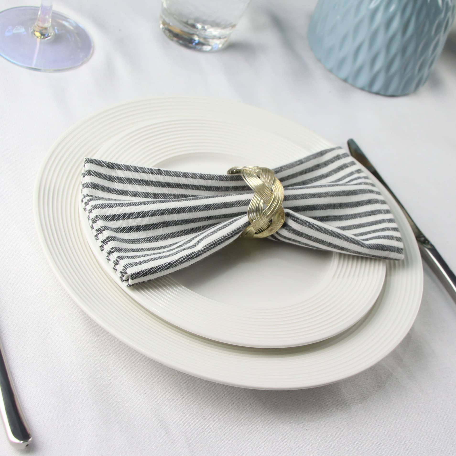 Infei Plain Striped Cotton Linen Blended Dinner Cloth Napkins - Set Of 12 (40 X 30 Cm) - For Events & Home Use (Black)