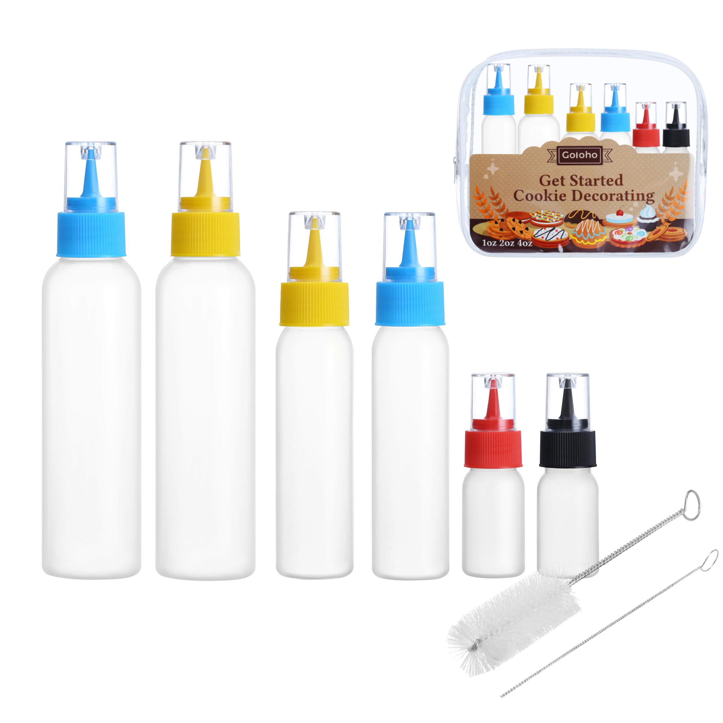 Goloho Cookie Icing Bottles, 6 Squeeze Applicator Bottles, 2 Each (1, 2 And 4 Ounces), Royal Icing Tools, Cake Sugar Cookie Deco